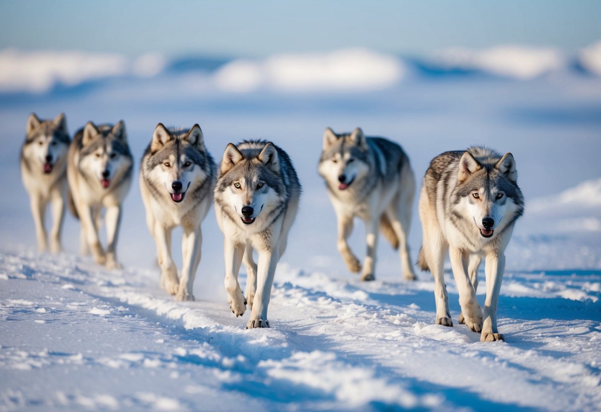 A pack of arctic wolves roam the snowy tundra, their white fur blending seamlessly with the icy landscape