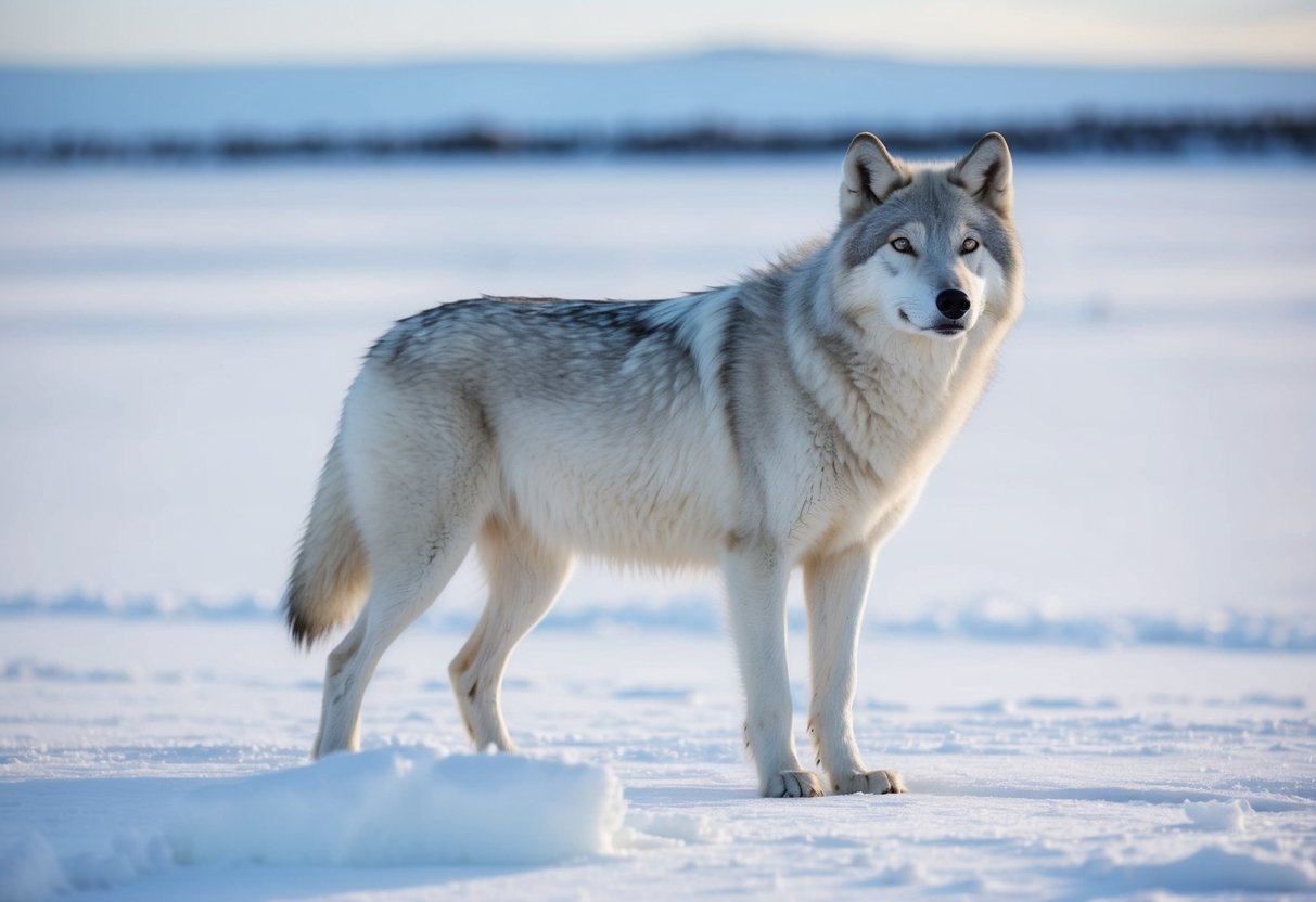 An arctic wolf standing proudly on a snow-covered tundra, its thick white fur blending in with the icy landscape