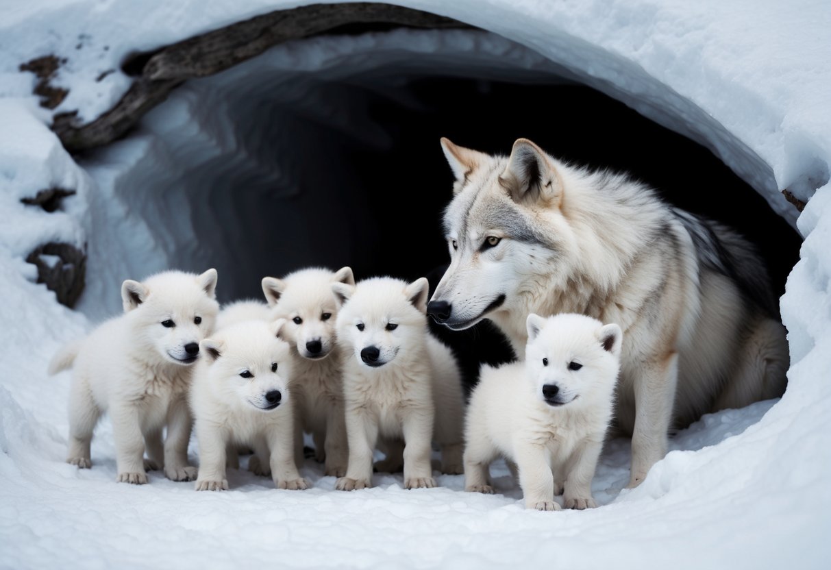 An arctic wolf mother nurses a litter of 4-7 fluffy white pups in a snow-covered den
