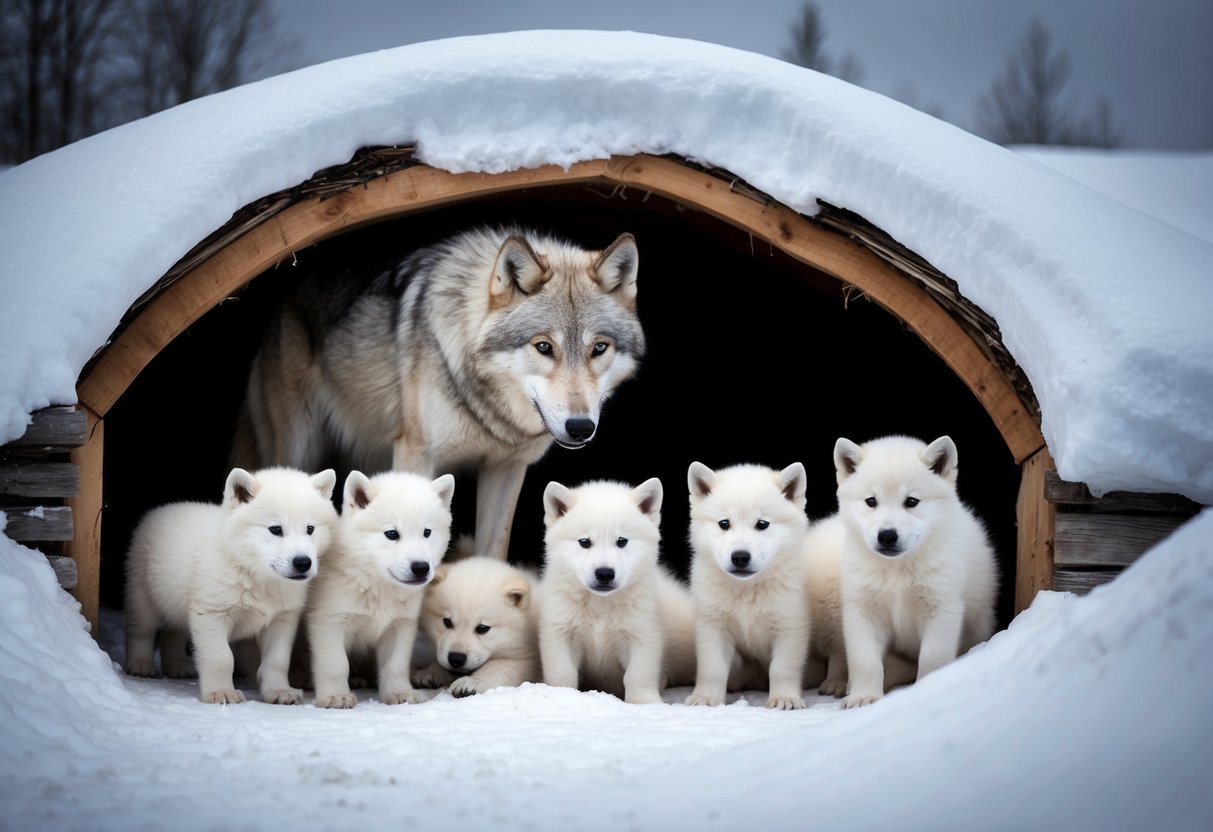 An arctic wolf mother nurses a litter of 5 fluffy white pups in their snowy den, while the alpha male stands guard at the entrance