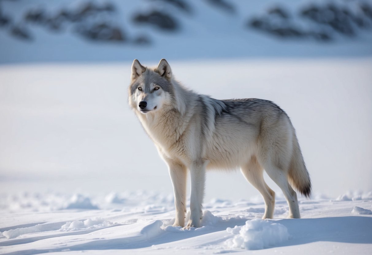 An arctic wolf stands proudly amidst a snowy, windswept landscape, its thick white fur blending seamlessly with the icy surroundings