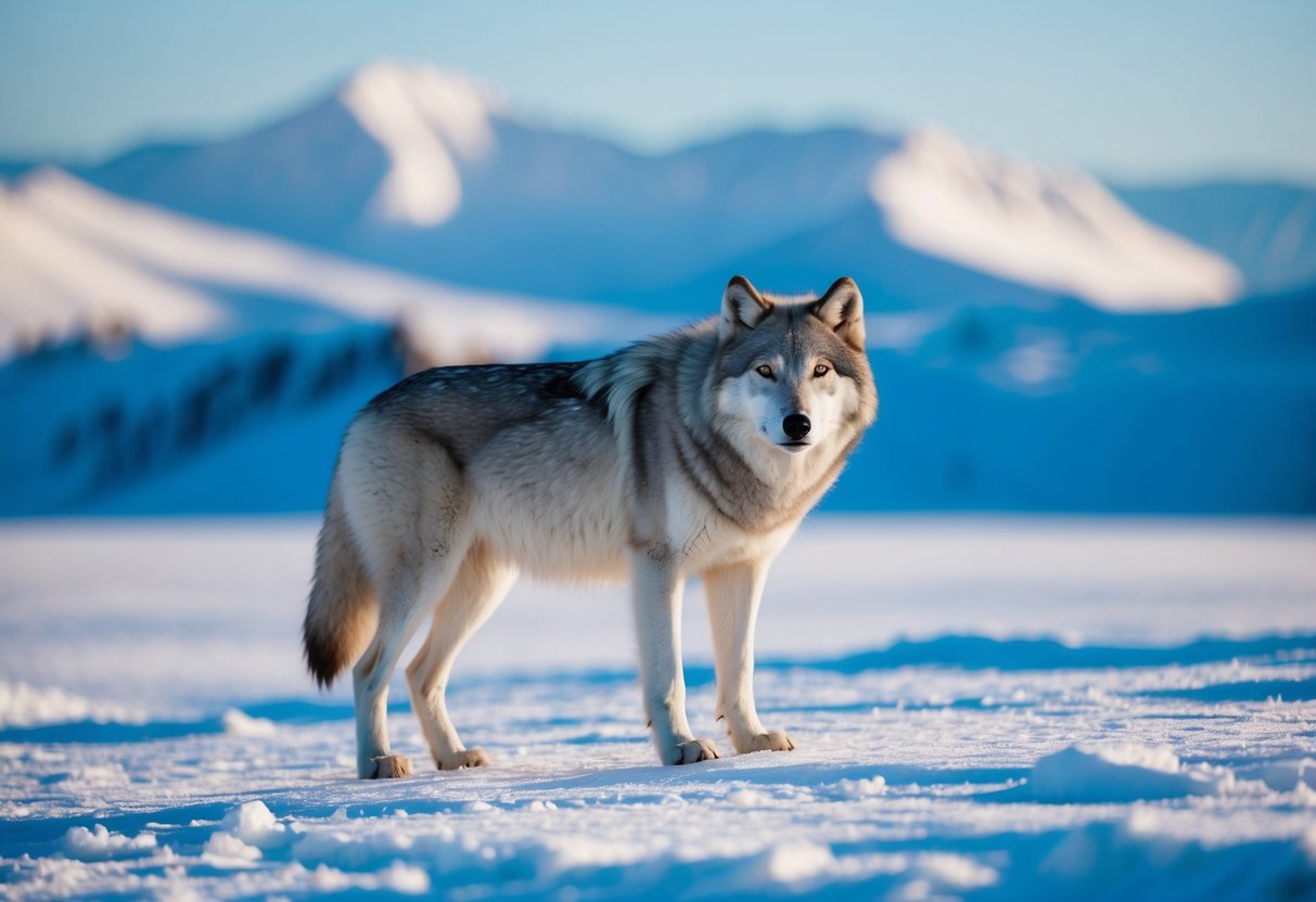 An arctic wolf standing on a snow-covered tundra, with a backdrop of icy mountains and a clear blue sky