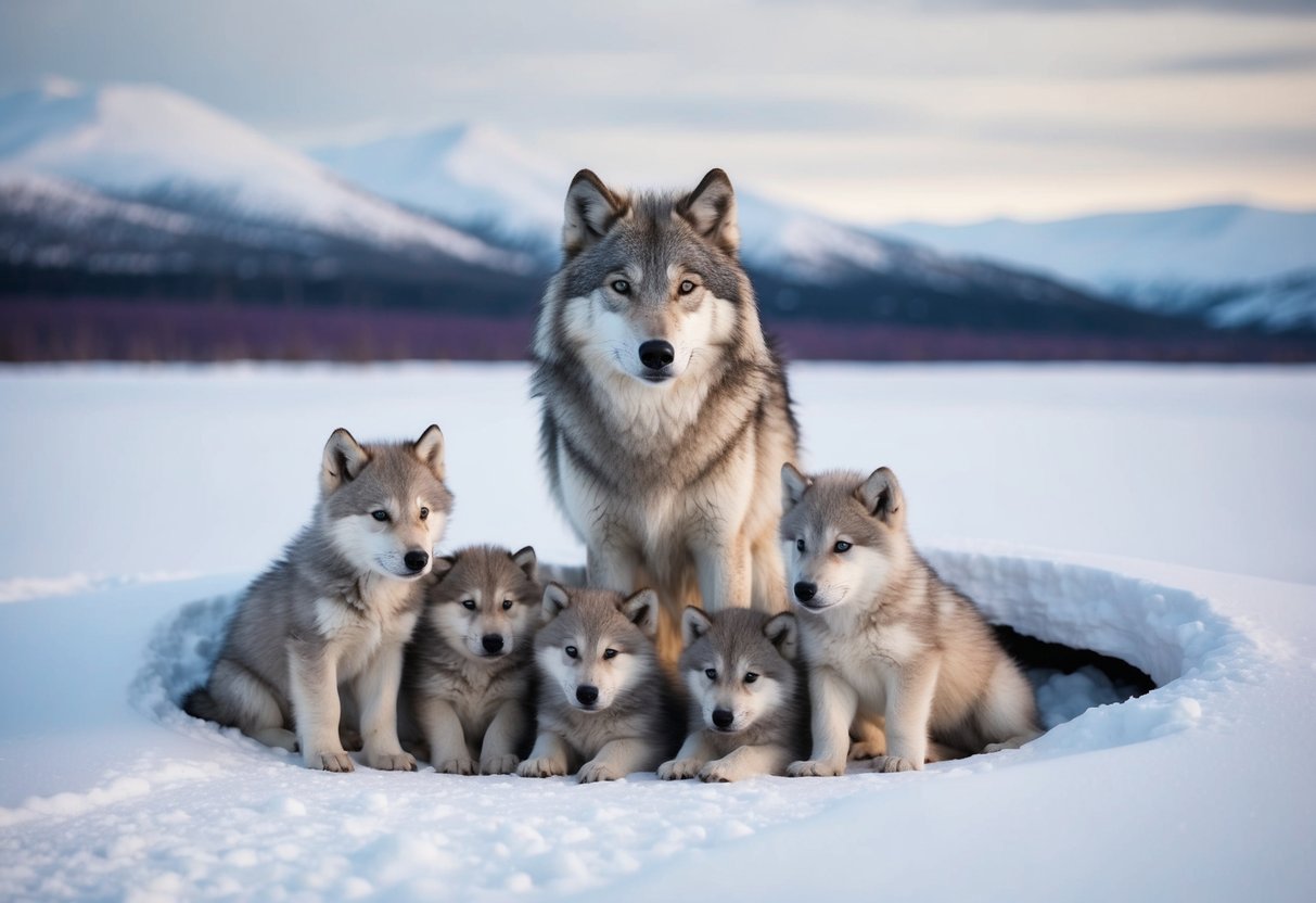 An arctic wolf mother with a litter of 4-7 pups in a snowy den, surrounded by a pristine tundra landscape