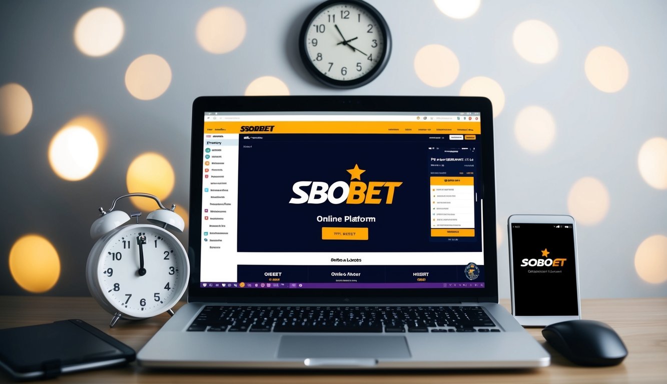 Sebuah layar komputer dengan platform online SBObet yang ditampilkan, dikelilingi oleh jam yang menunjukkan waktu 24 jam dan hotline layanan pelanggan.