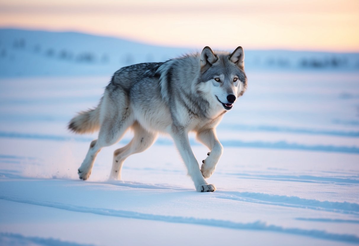 An arctic wolf running across a snowy tundra, its fur blending in with the white landscape, its powerful strides carrying it for miles