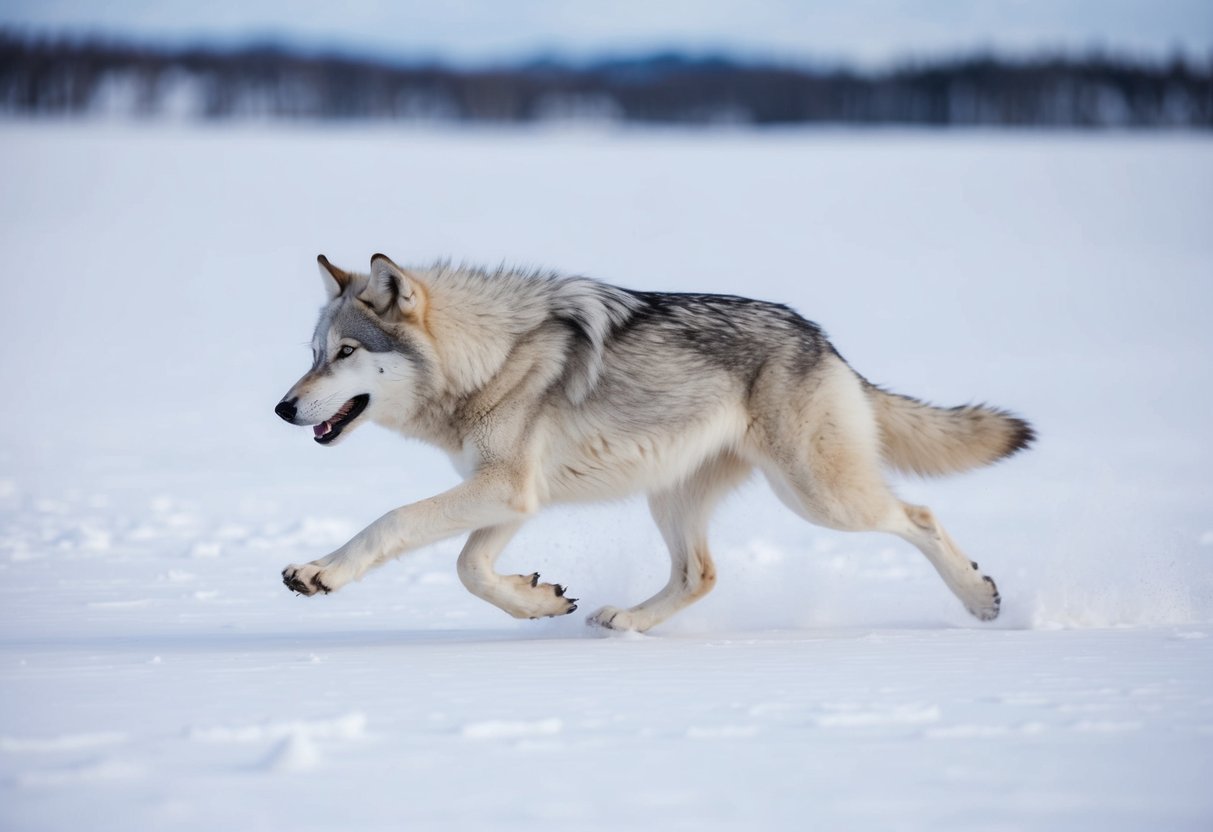 An arctic wolf sprinting across a snowy tundra, its fur blending with the white landscape as it covers long distances with ease