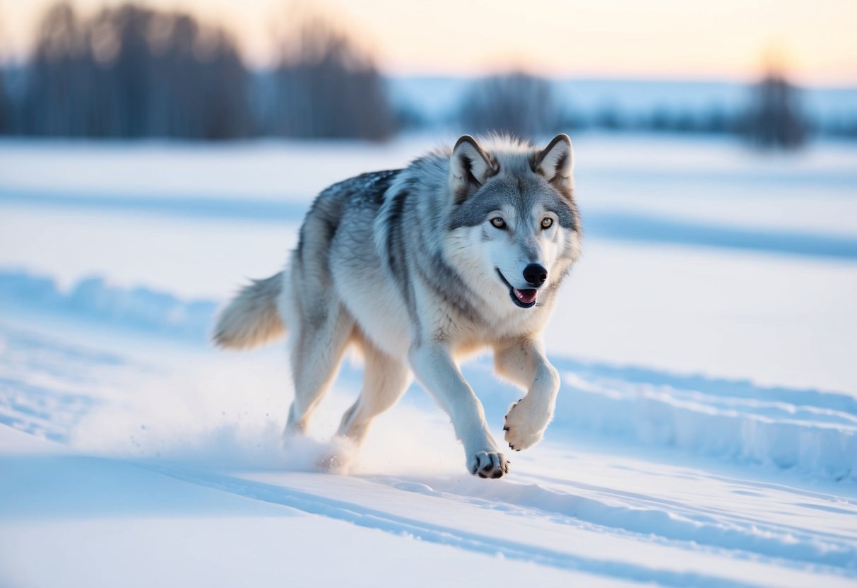 An arctic wolf running at top speed across a snowy landscape, its fur blending in with the white surroundings as it moves swiftly