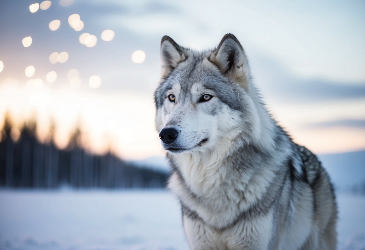 A majestic arctic wolf with thick, white fur blending into the snowy landscape