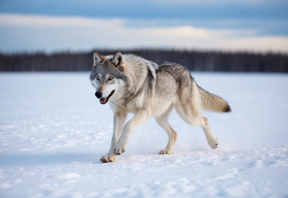 An arctic wolf runs tirelessly across the snowy tundra, covering up to 40 miles in a single day as it hunts for prey