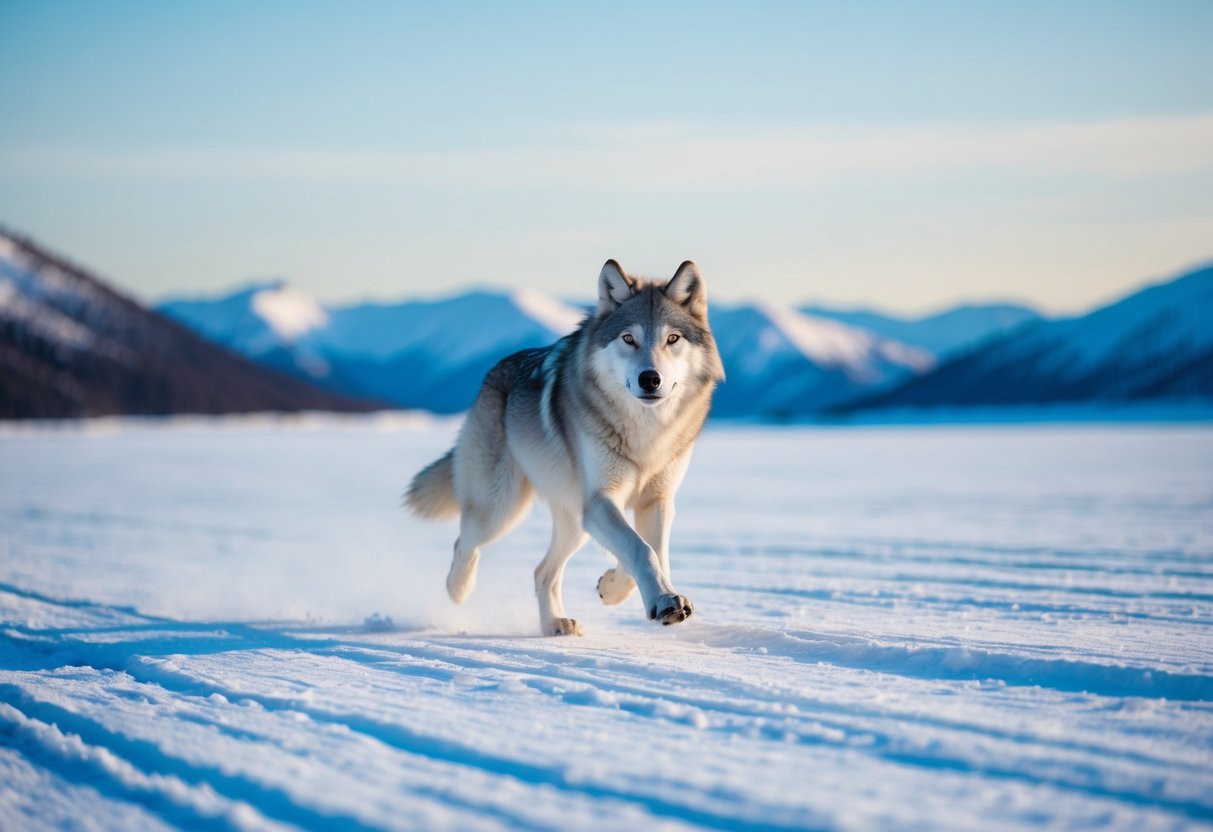 An arctic wolf running across a snowy tundra, with mountains in the background and a clear blue sky above