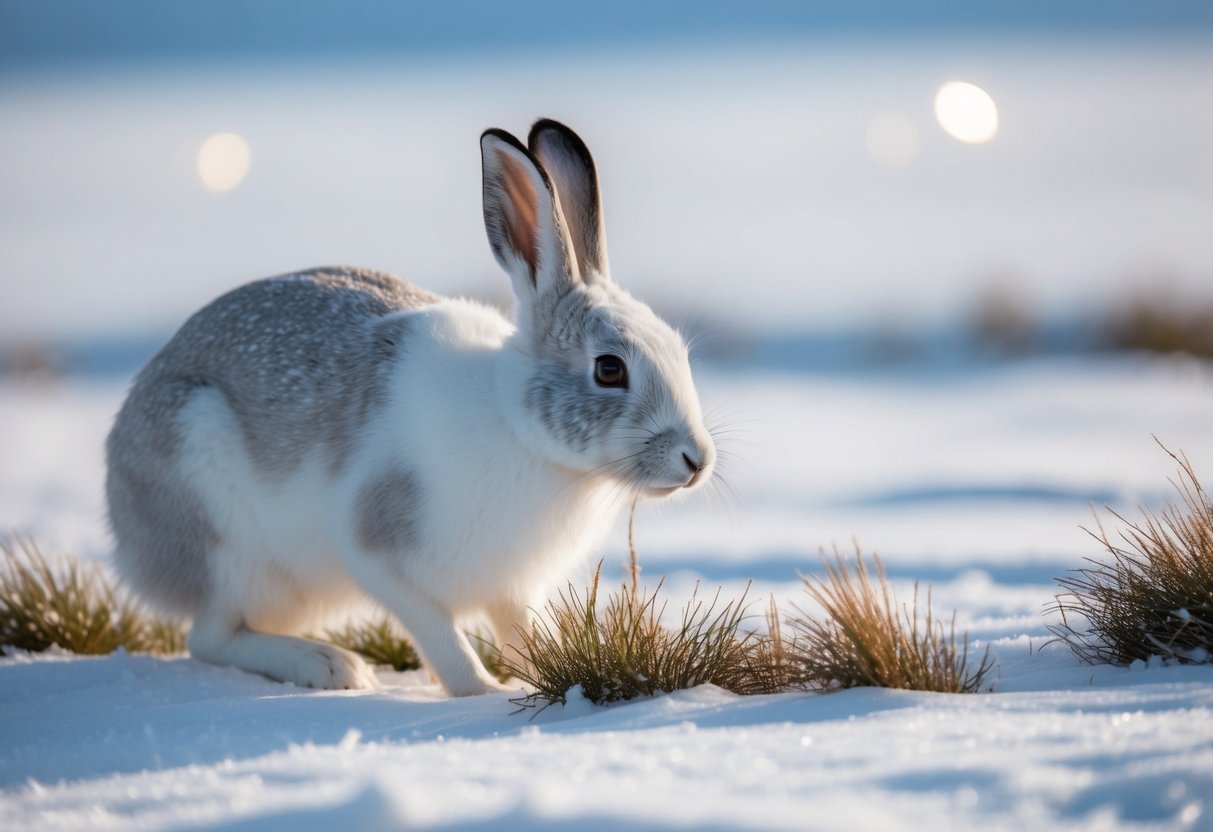 An arctic hare, the size of a small dog, nibbles on tundra grasses amidst a snowy landscape, its white fur blending in with the icy surroundings
