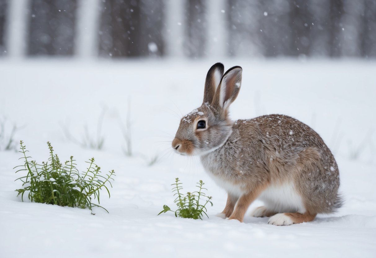 An arctic hare nibbles on grass and small plants in a snowy landscape, with snow-covered trees in the background