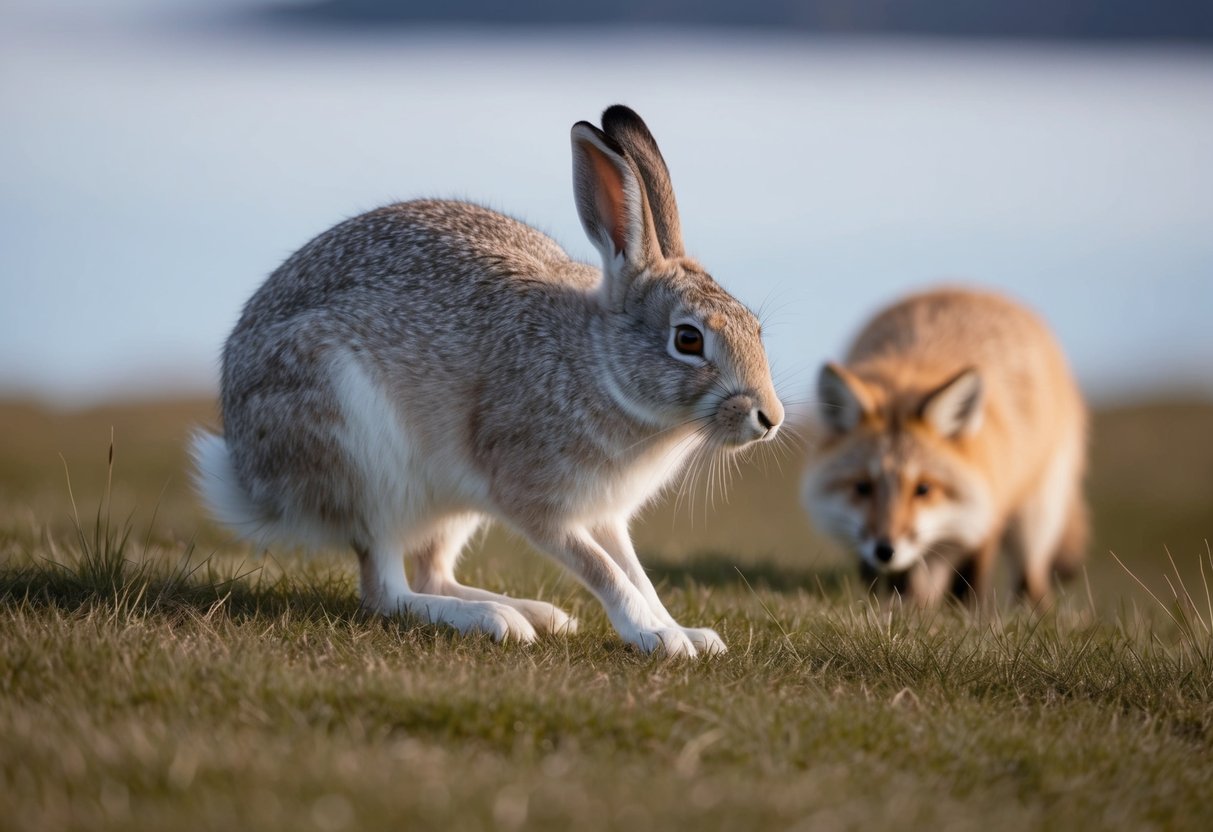 An arctic hare nibbles on grass while keeping a watchful eye on a lurking arctic fox