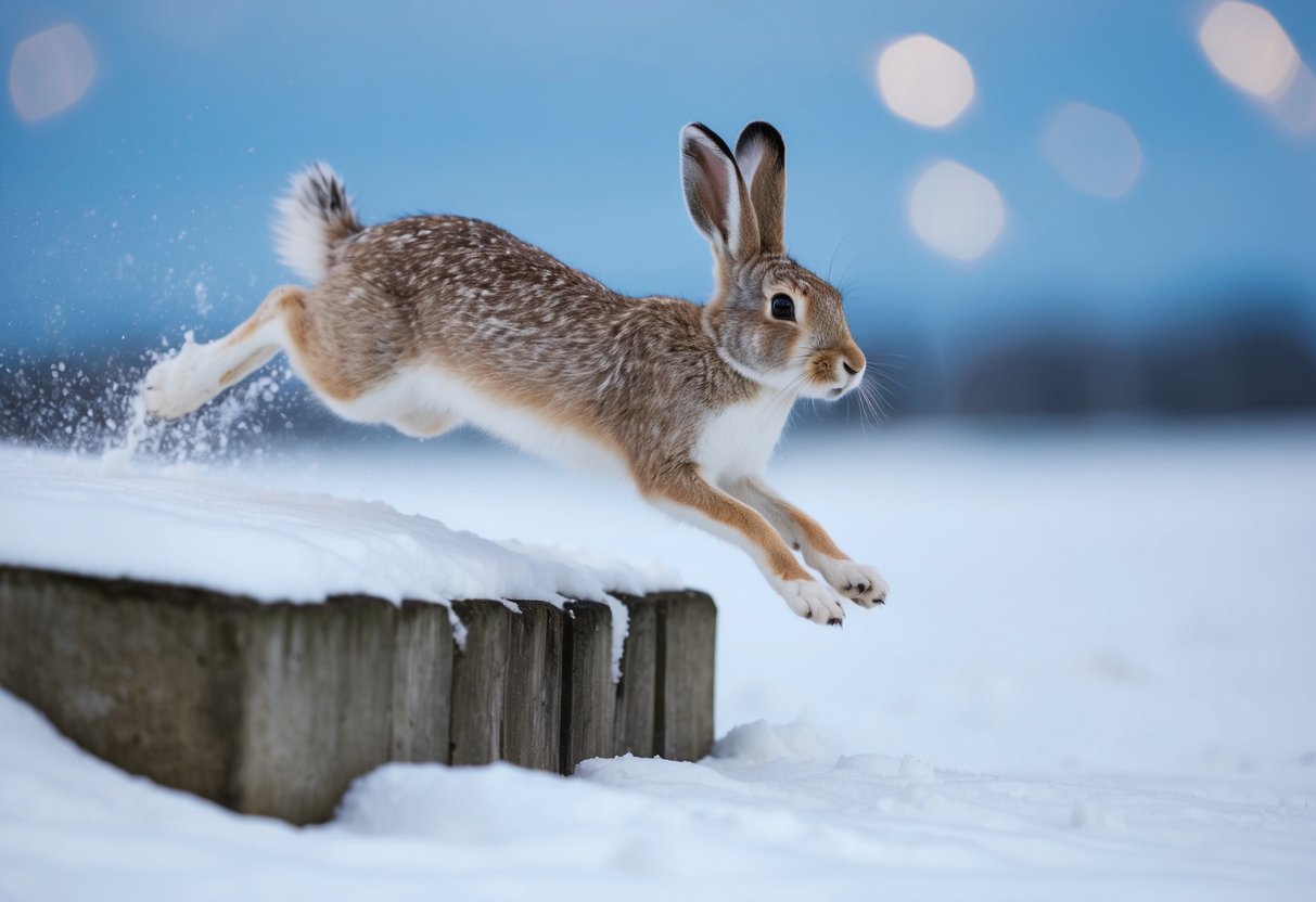 An arctic hare leaps gracefully, clearing a snow-covered obstacle with ease