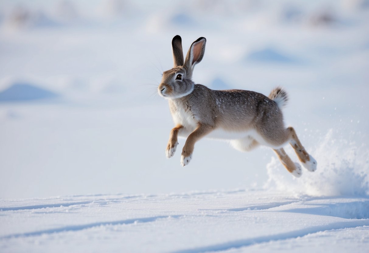 An arctic hare leaps across a snowy landscape, clearing a distance of several feet with ease. Its powerful hind legs propel it high into the air, showcasing its impressive jumping ability