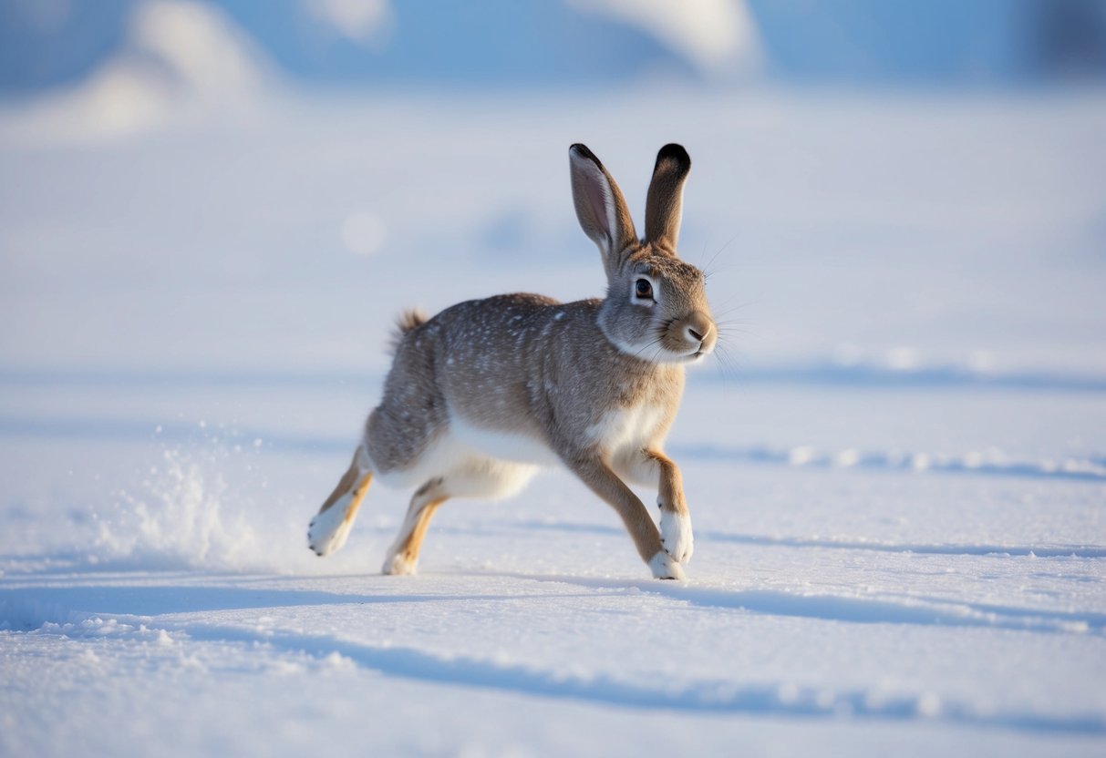 An arctic hare sprints across a snowy tundra, its long legs propelling it at top speed