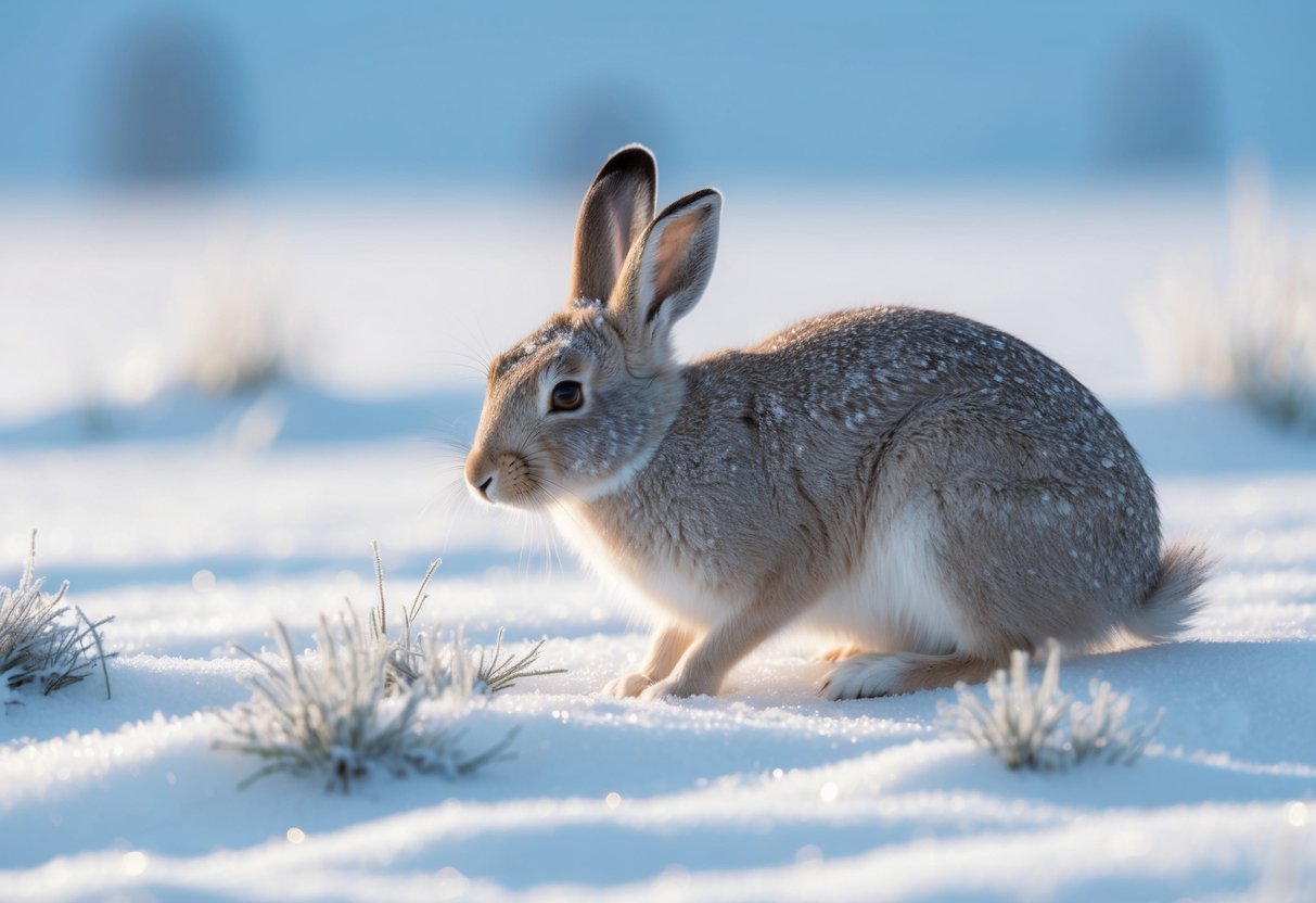 An arctic hare nibbles on frost-covered arctic grass in the snowy tundra