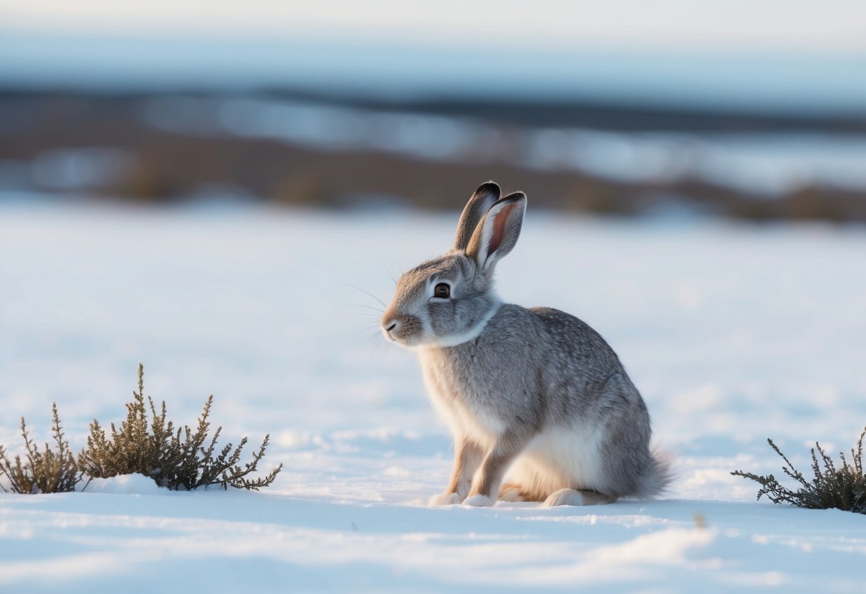 An arctic hare nibbles on arctic grass in a snowy tundra landscape