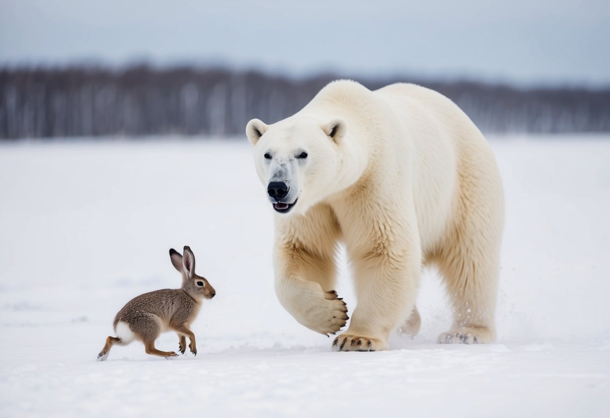 A polar bear chases an arctic hare across a snowy landscape
