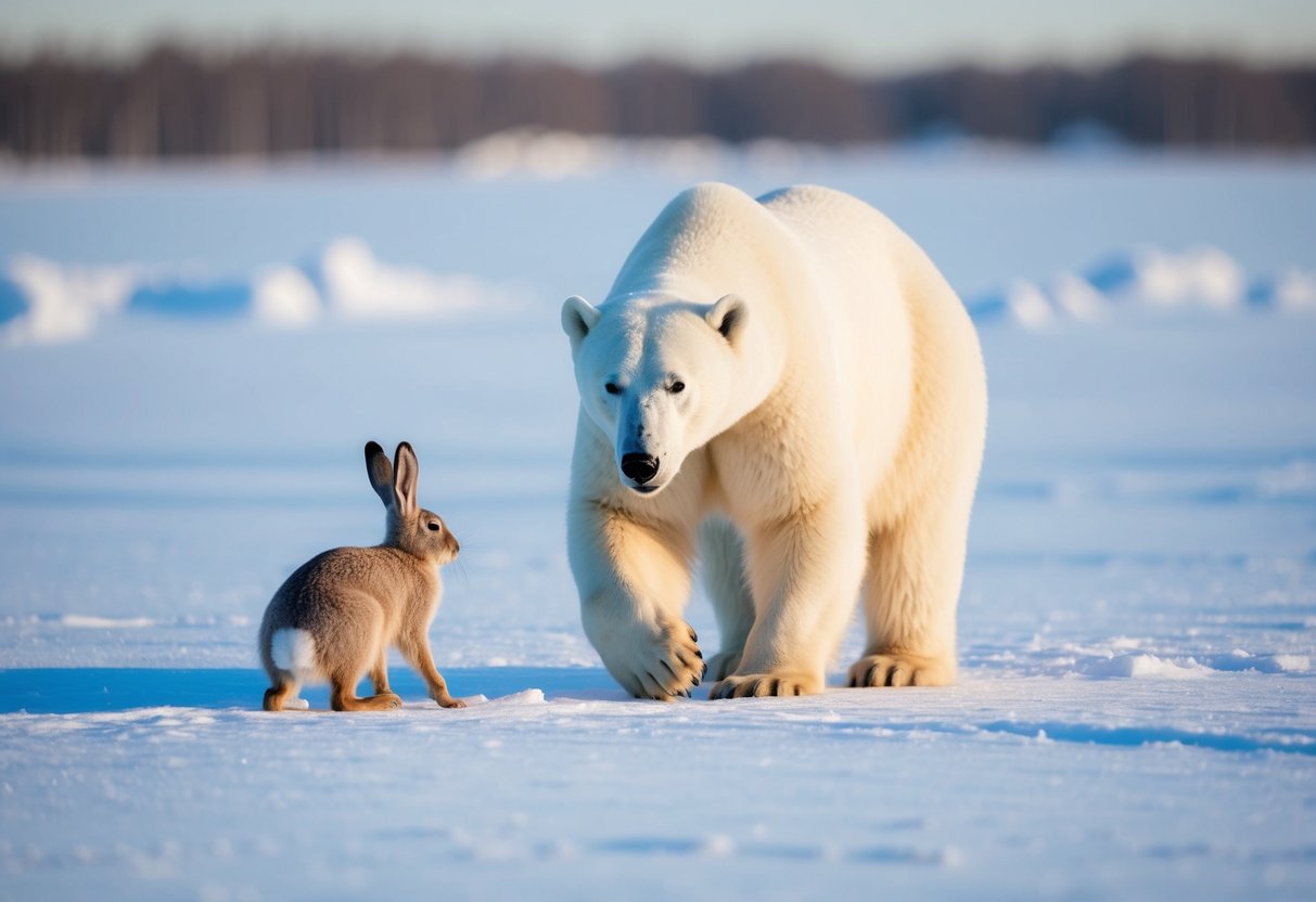 A polar bear hunts an arctic hare on a snowy tundra