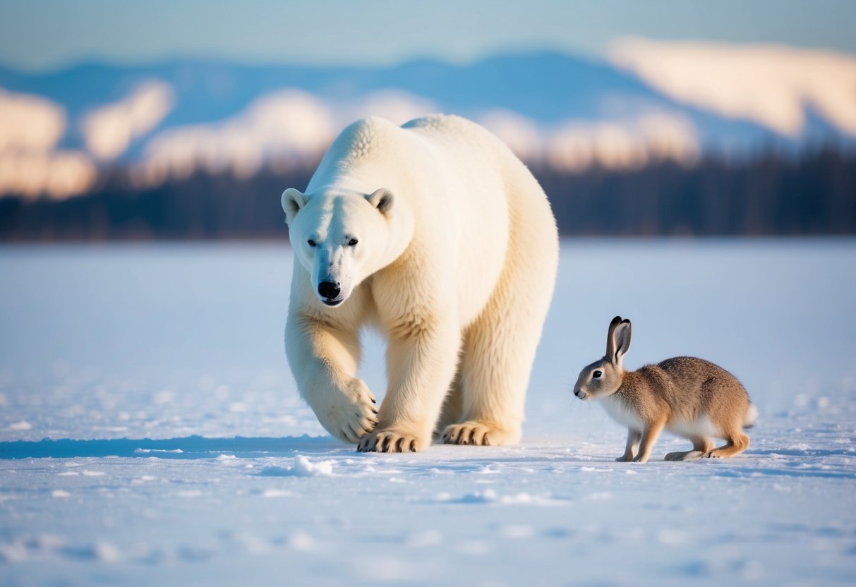 A polar bear hunts an arctic hare on a snowy tundra