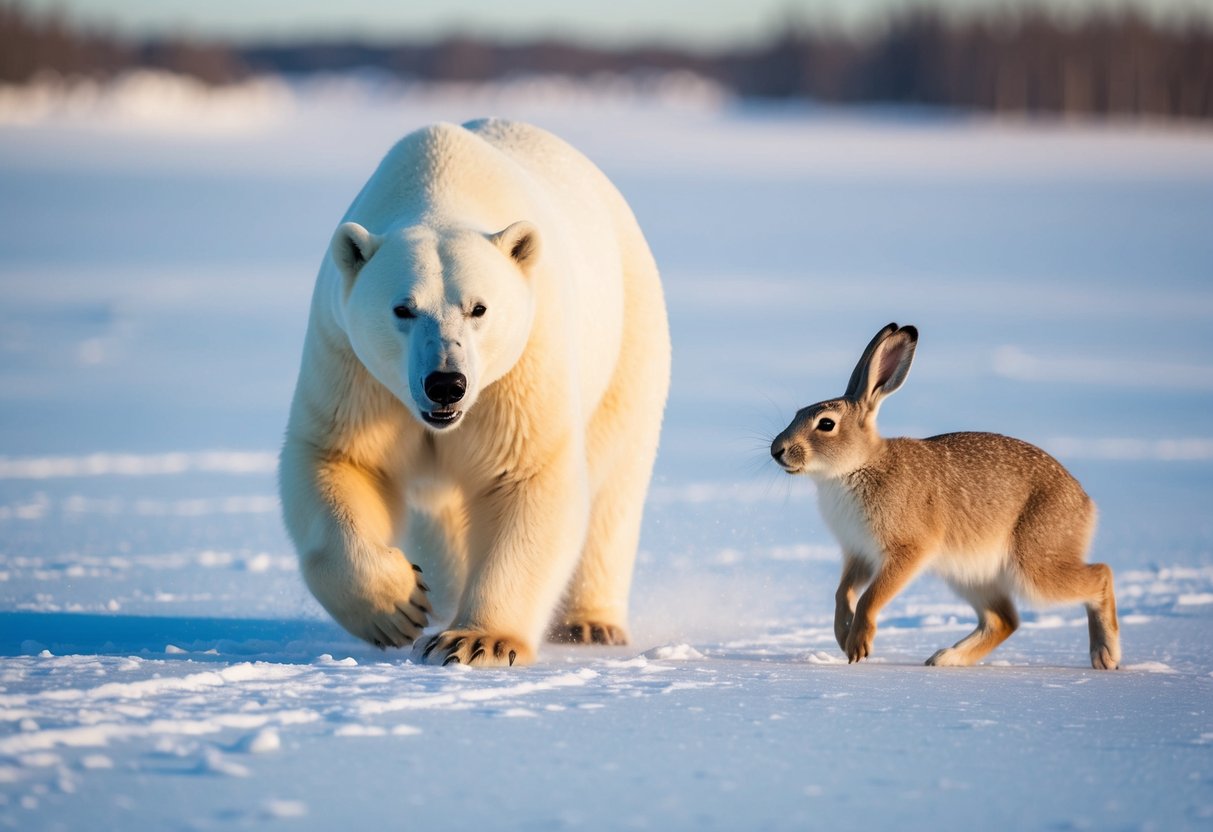 A polar bear chases an arctic hare across a snowy tundra