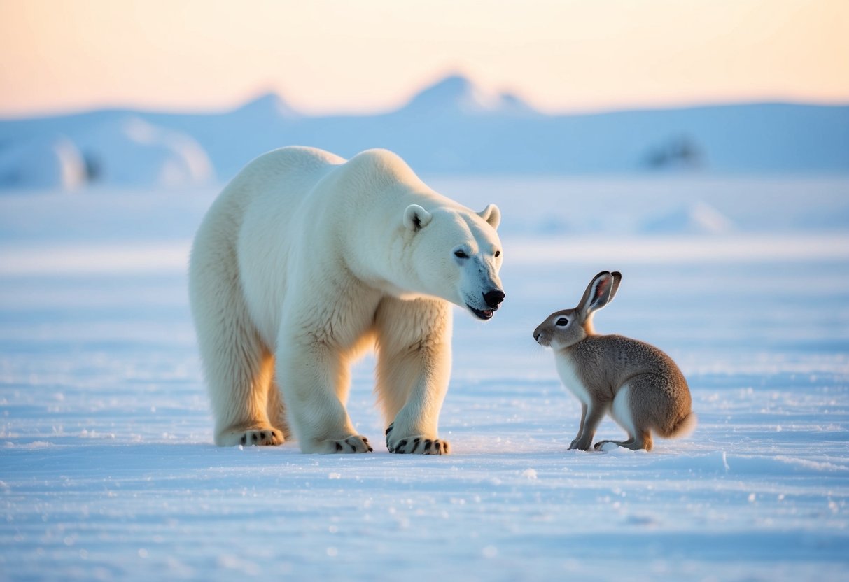 A polar bear hunts an arctic hare on the icy tundra