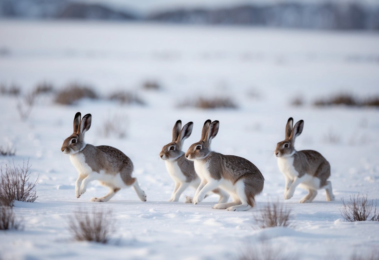 A snowy landscape with a group of arctic hares hopping and foraging for food
