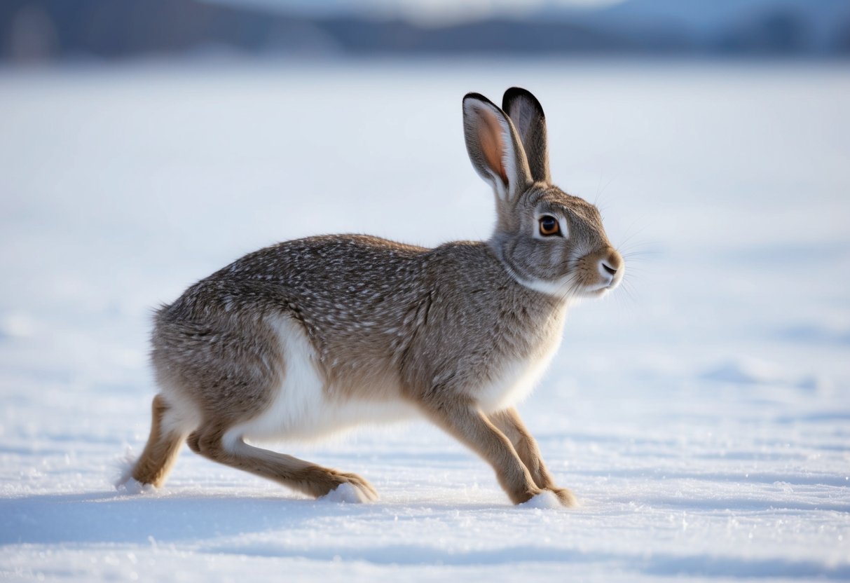 An arctic hare camouflaged against snowy tundra, with large hind legs for hopping and thick fur for insulation