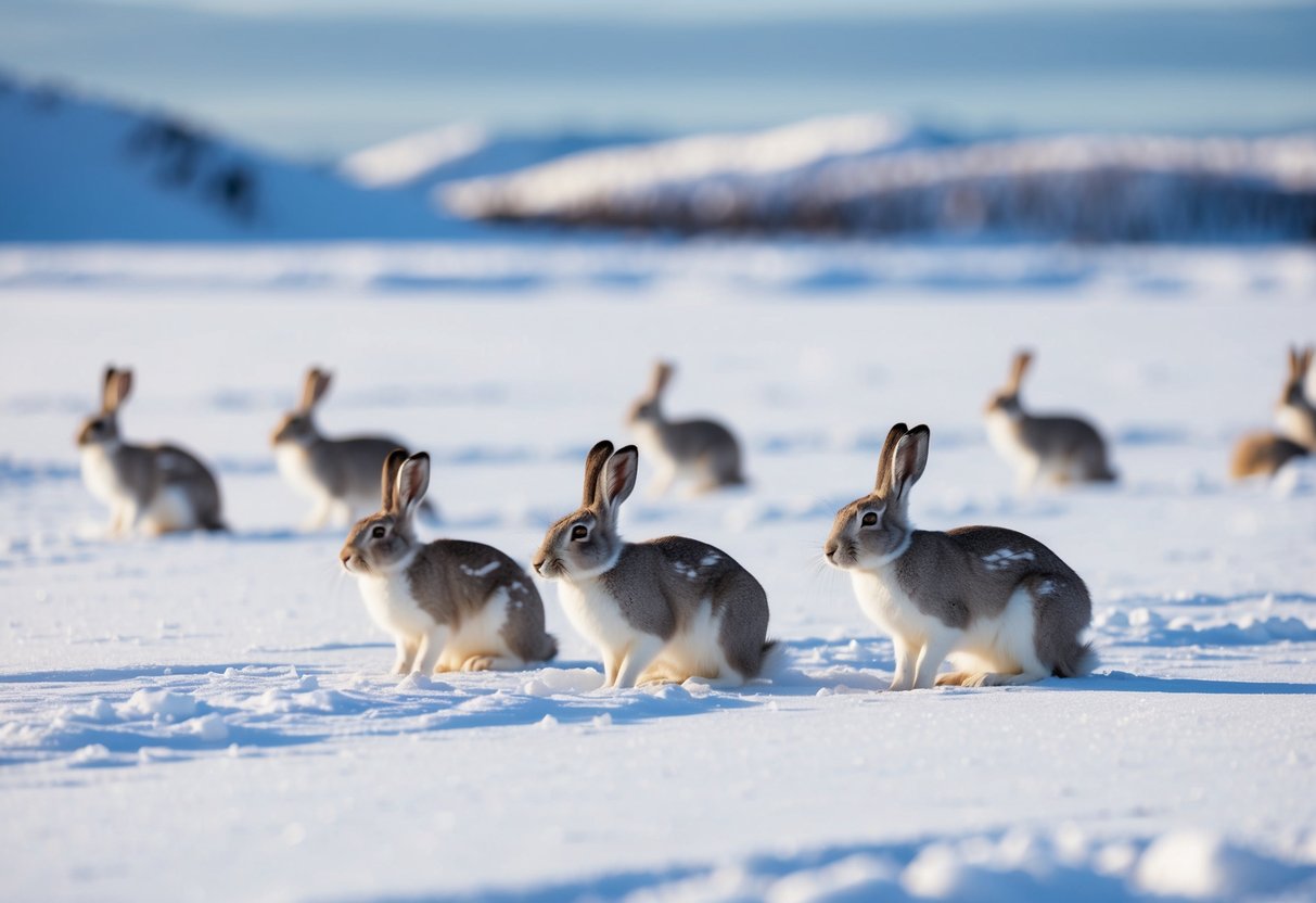A snowy Arctic landscape with a small group of arctic hares foraging for food