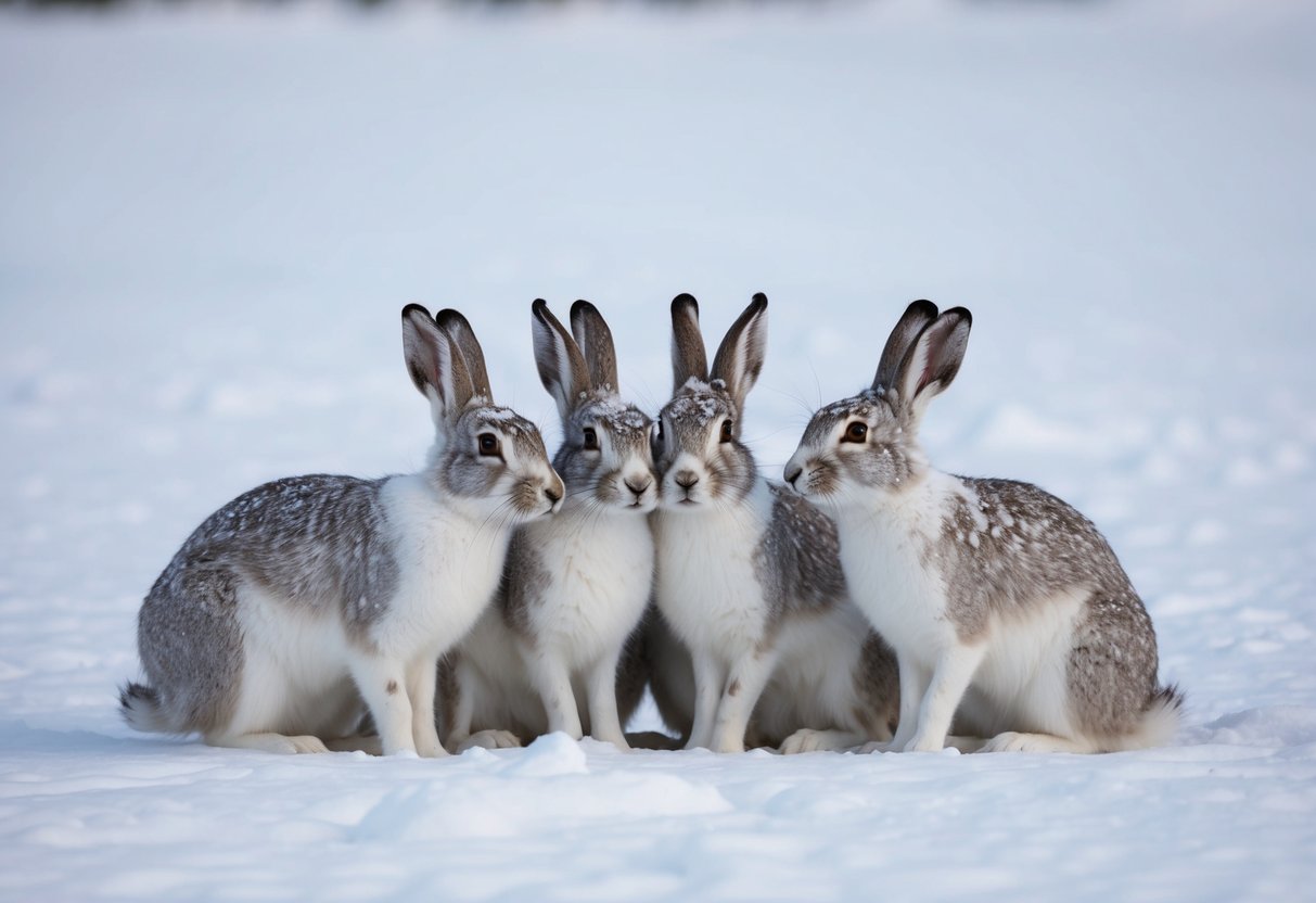 A group of arctic hares huddle together in the snowy tundra, their white fur blending in with the surroundings as they exhibit social behavior and interact with each other