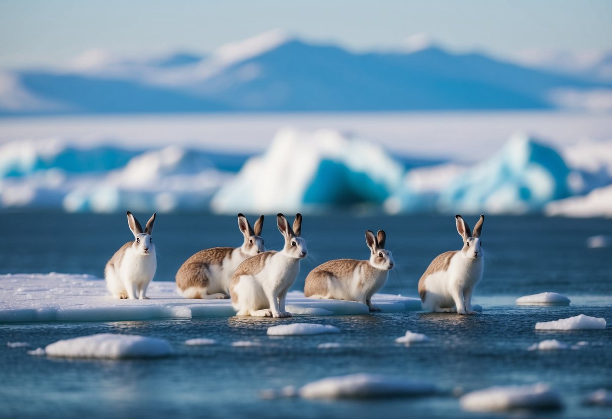 An arctic landscape with a small group of arctic hares surrounded by threats like melting ice and human activity, while conservation efforts work to protect their habitat