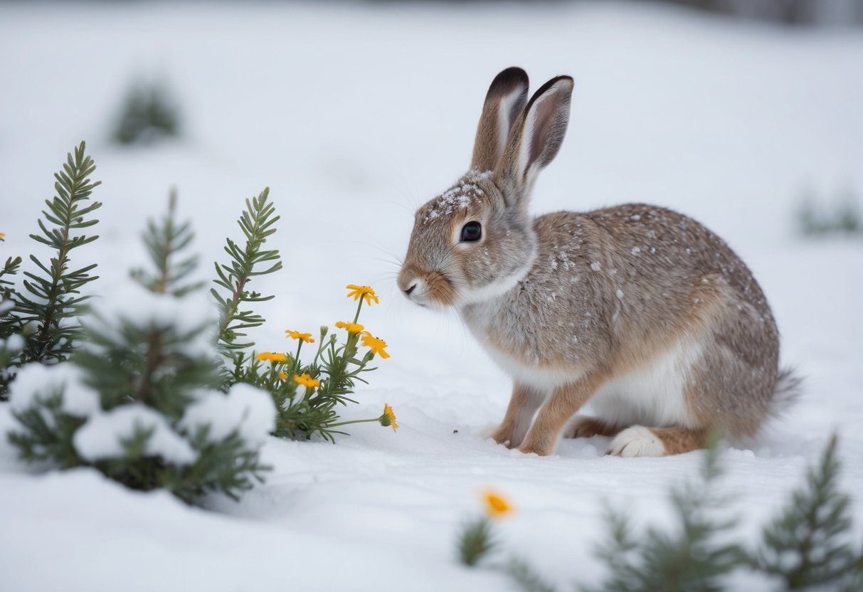 An Arctic hare nibbles on arctic wildflowers in its snowy habitat