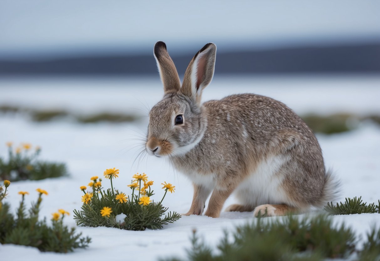 An Arctic hare nibbles on arctic wildflowers in a snowy tundra landscape