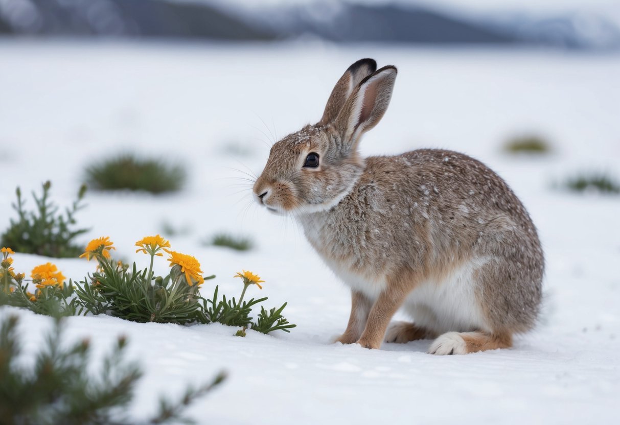 An arctic hare nibbles on arctic wildflowers in a snowy landscape, showcasing its unique biological features
