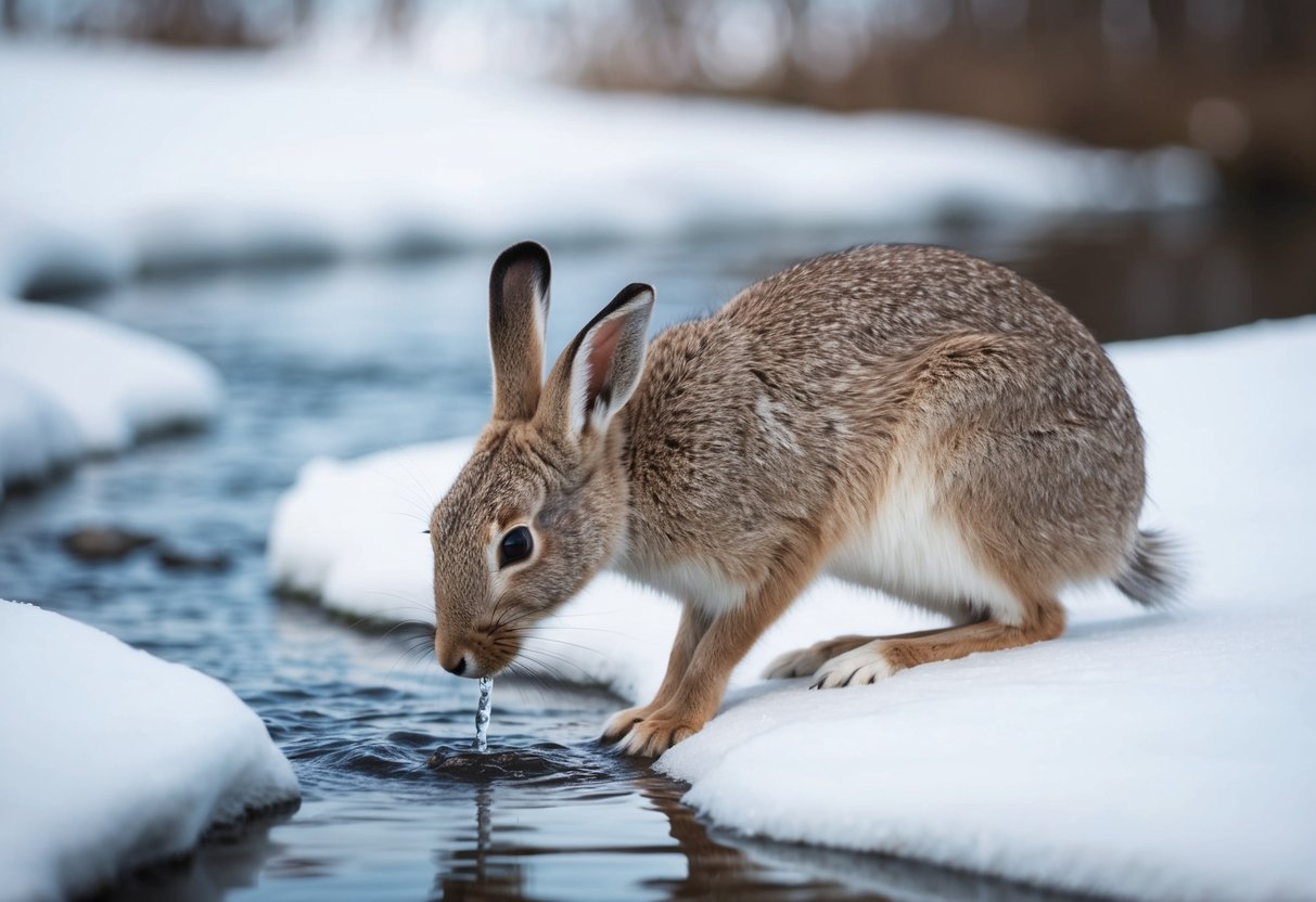 An arctic hare leaning down to drink from a small, icy stream