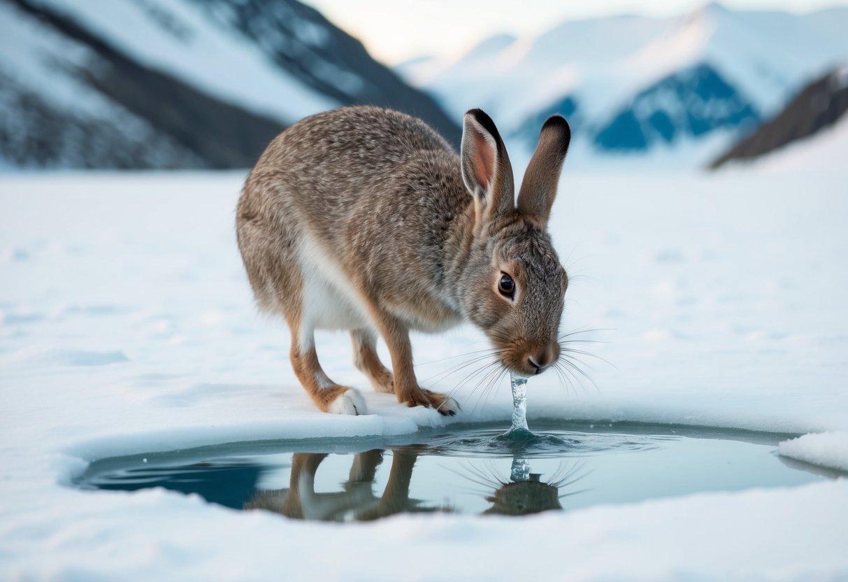An arctic hare drinks from a small pool of melted ice, surrounded by snow-covered tundra and icy mountains in the background