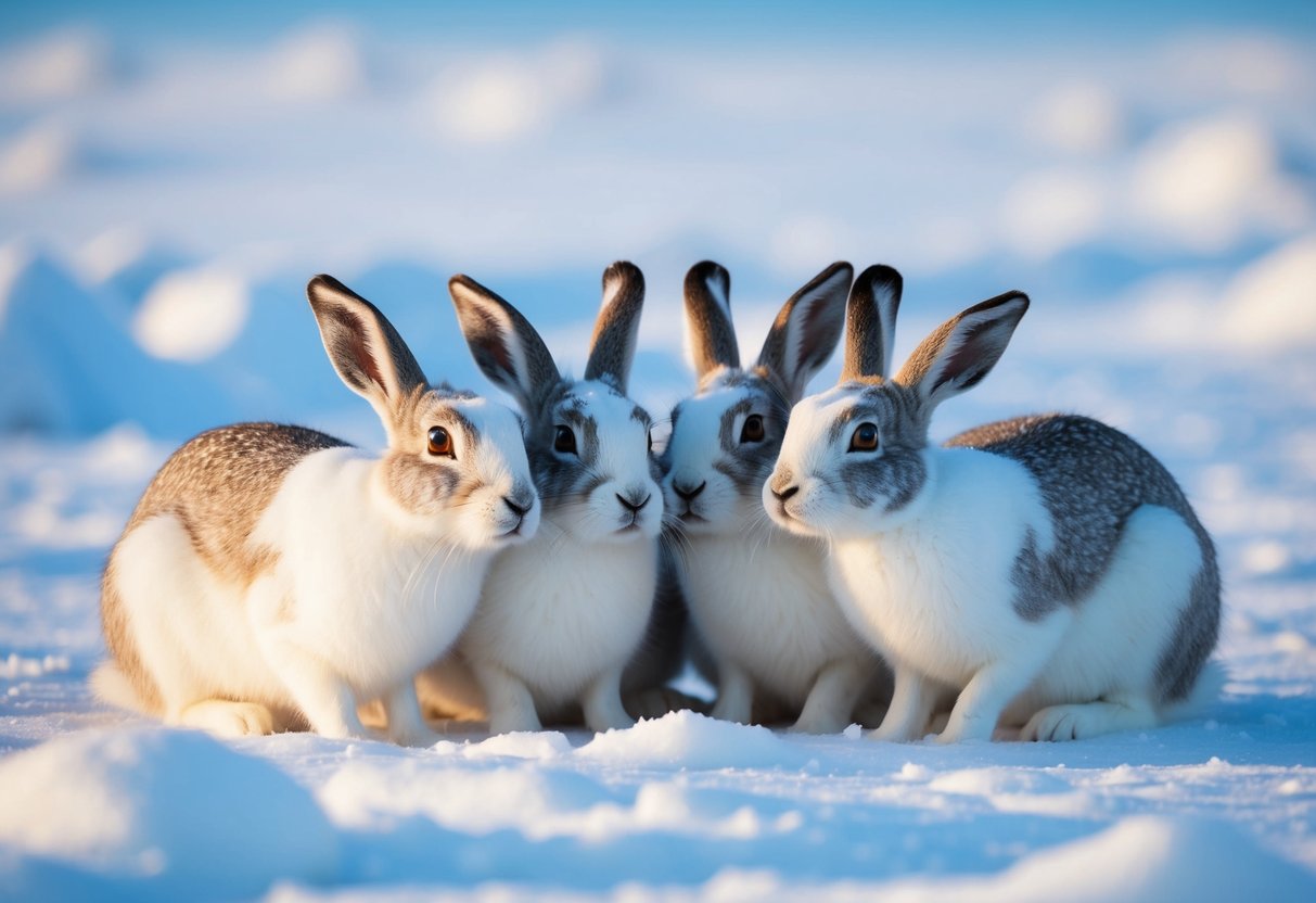 A group of arctic hares huddle together in the snow, their white fur blending into the icy landscape