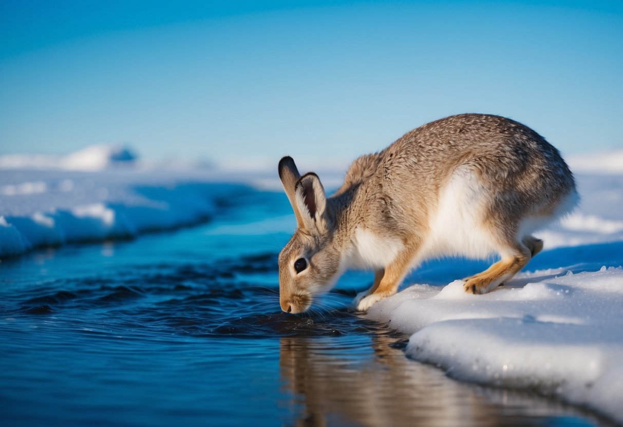 An arctic hare drinks from a shallow, icy stream, surrounded by snow-covered tundra and a clear blue sky