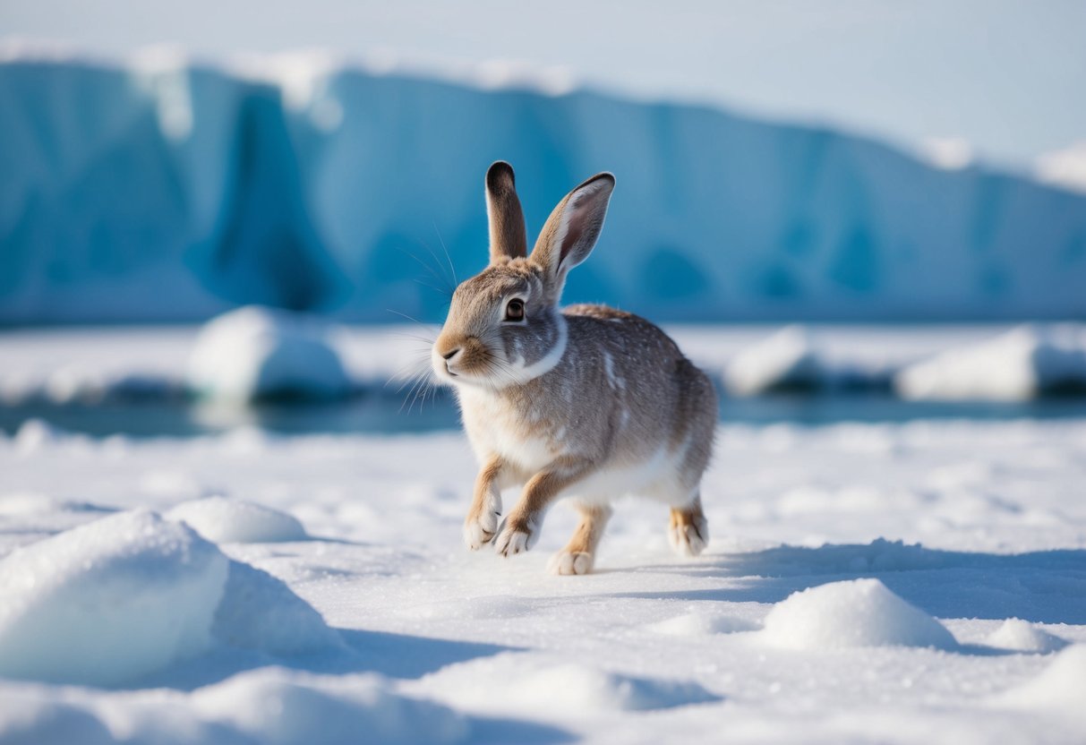 An Arctic hare hops through a snowy landscape, surrounded by icy cliffs and snow-covered tundra