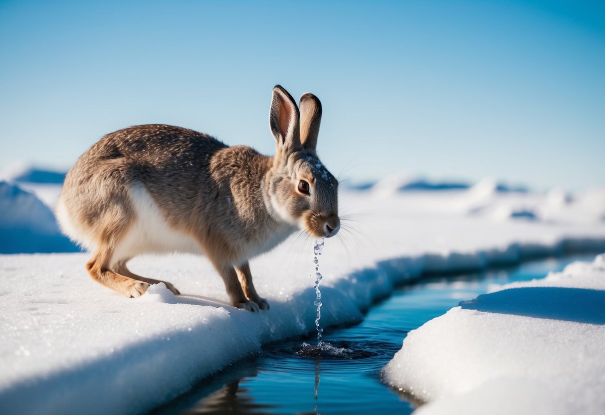 An arctic hare drinks from a small, icy stream, surrounded by snow-covered tundra and a clear blue sky