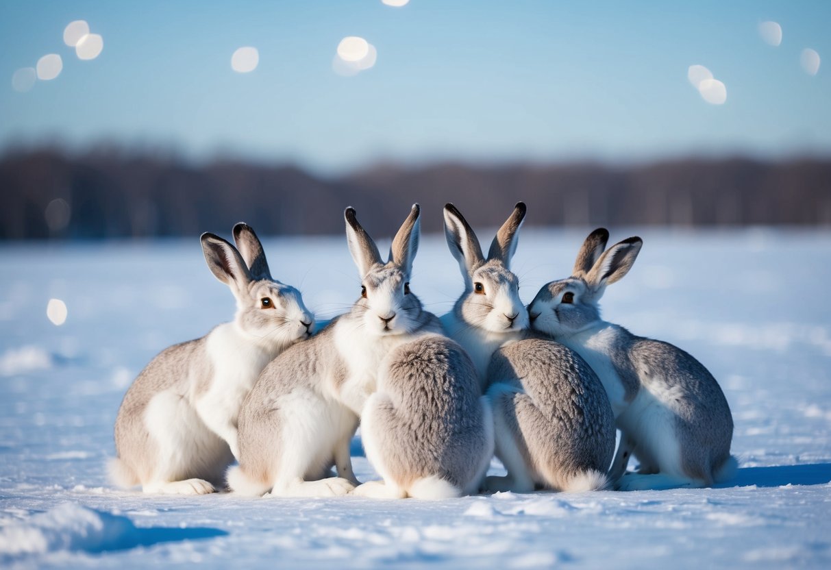 An illustration of a group of arctic hares huddled together in the snowy tundra, their white fur blending in with the icy landscape