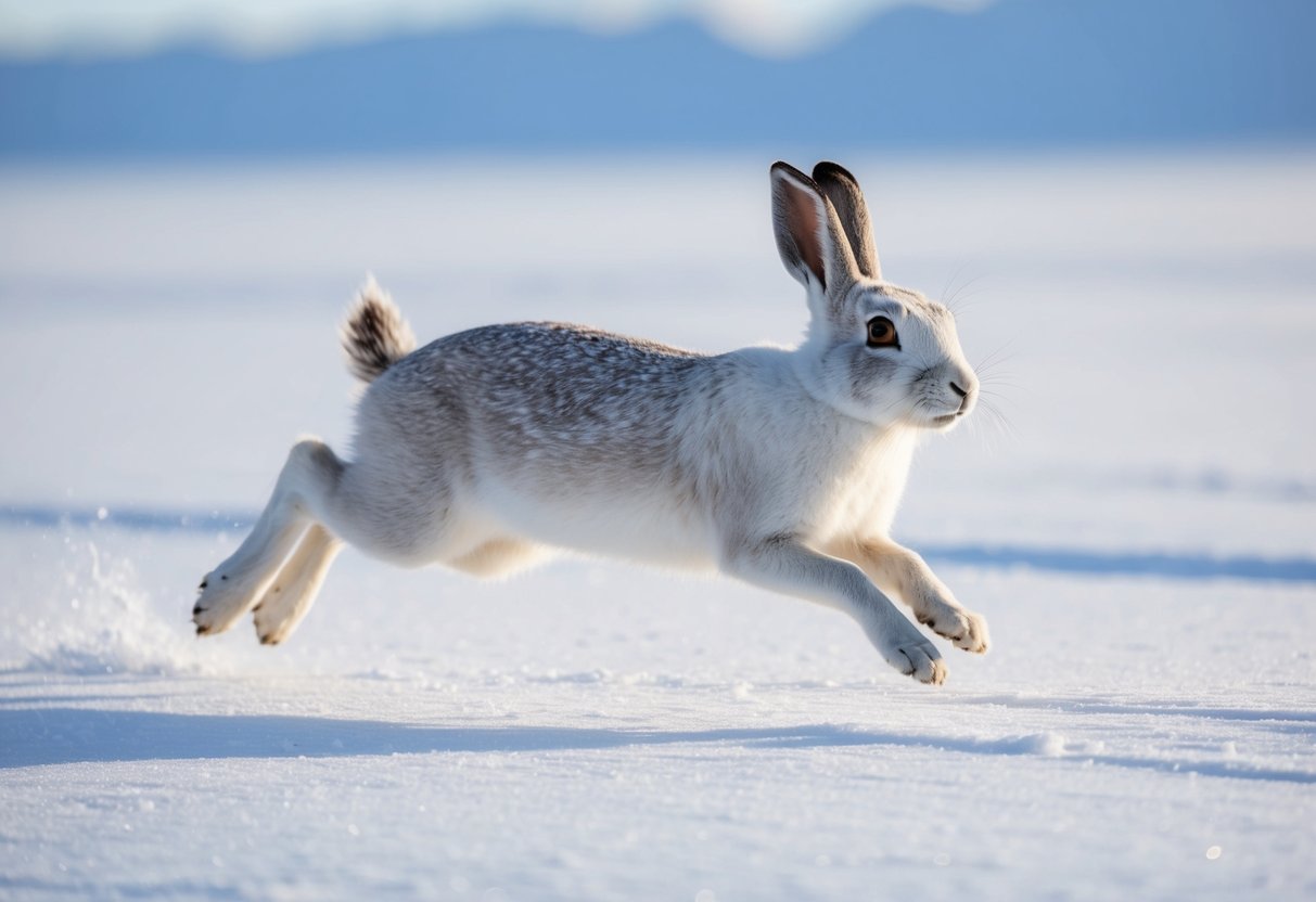 An Arctic hare leaping across a snowy landscape, its long hind legs propelling it forward. Its thick, white fur blending in with the icy surroundings, and its large, alert eyes scanning the horizon for predators