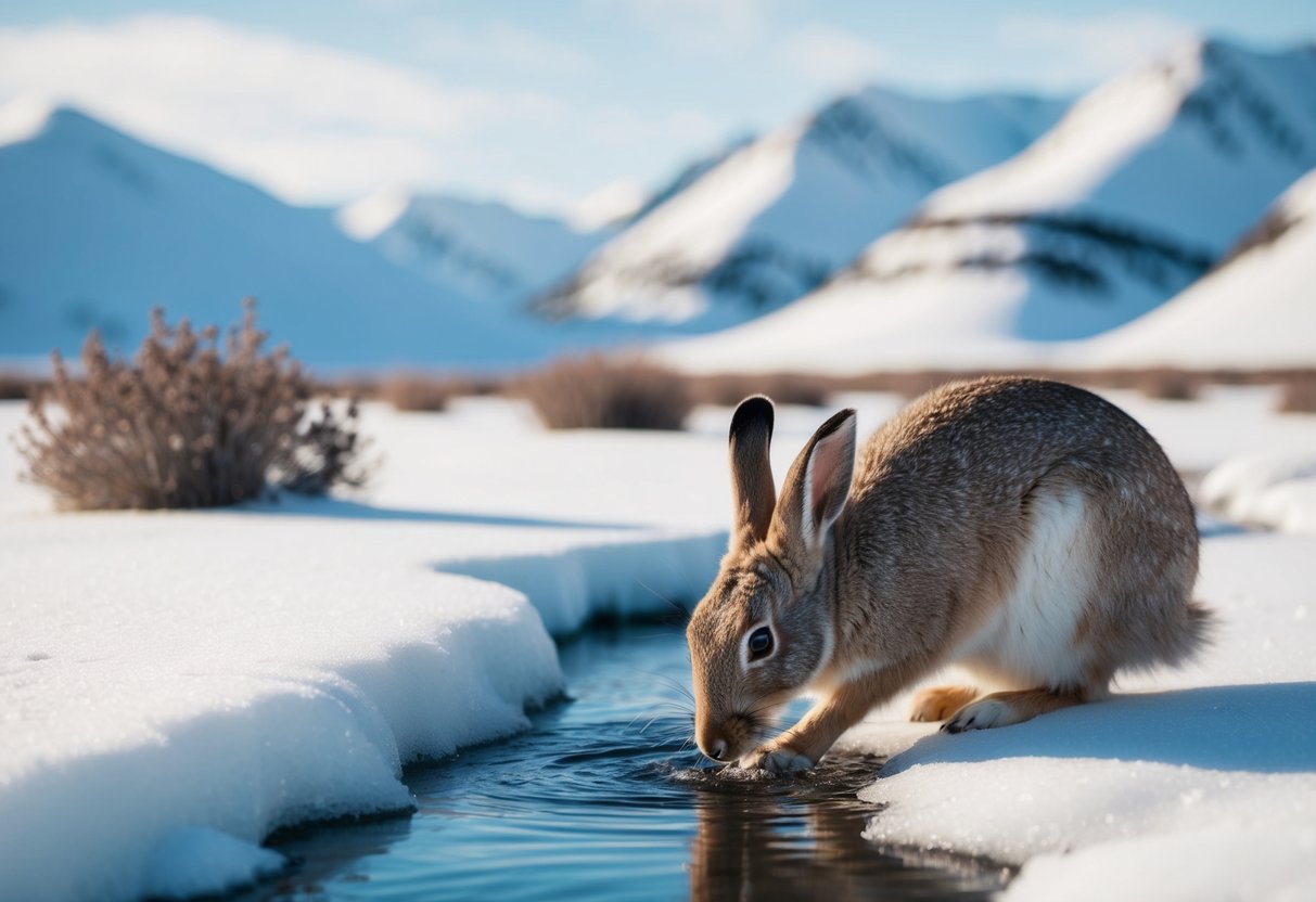 An arctic hare drinks from a small, icy stream in the tundra. Snow-covered mountains loom in the background, and a few scattered shrubs dot the landscape