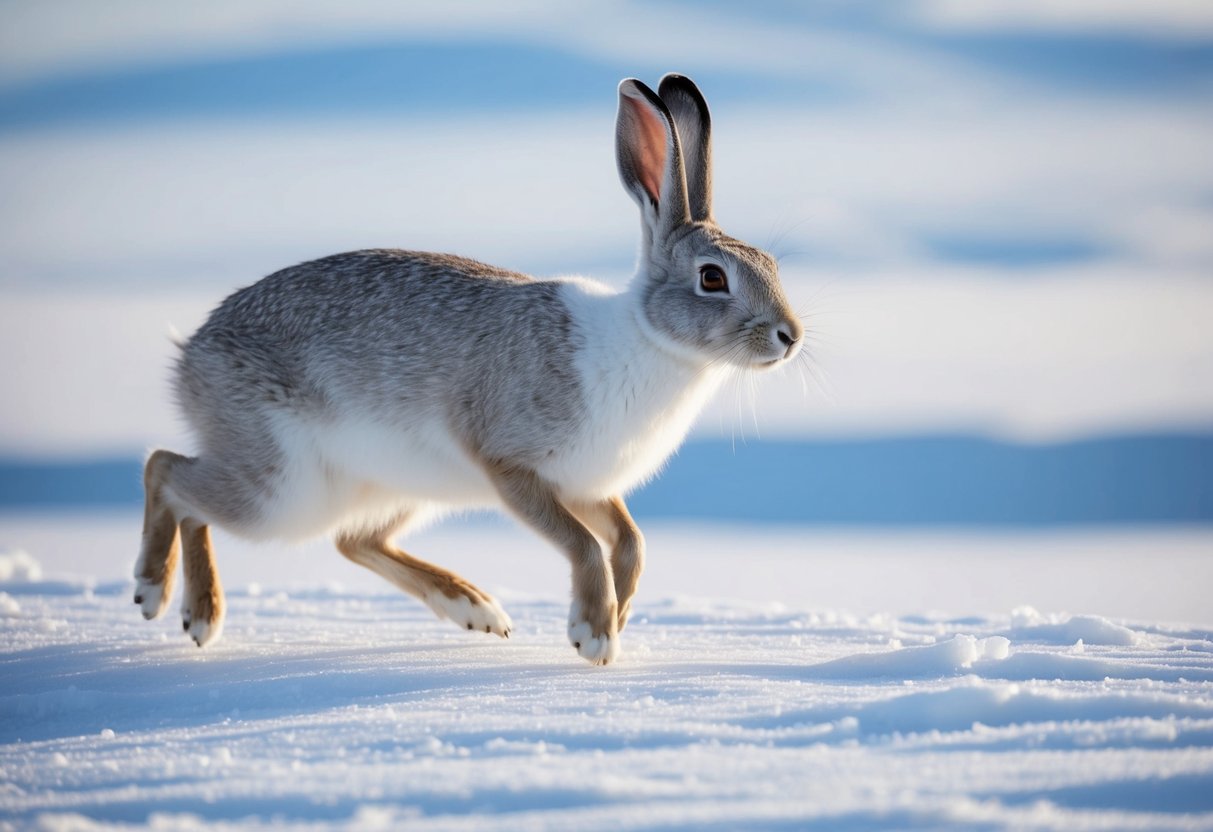 An Arctic hare with large hind legs hops across snowy tundra, its white fur blending into the icy landscape. Its ears are tall and pointed, scanning the horizon for predators
