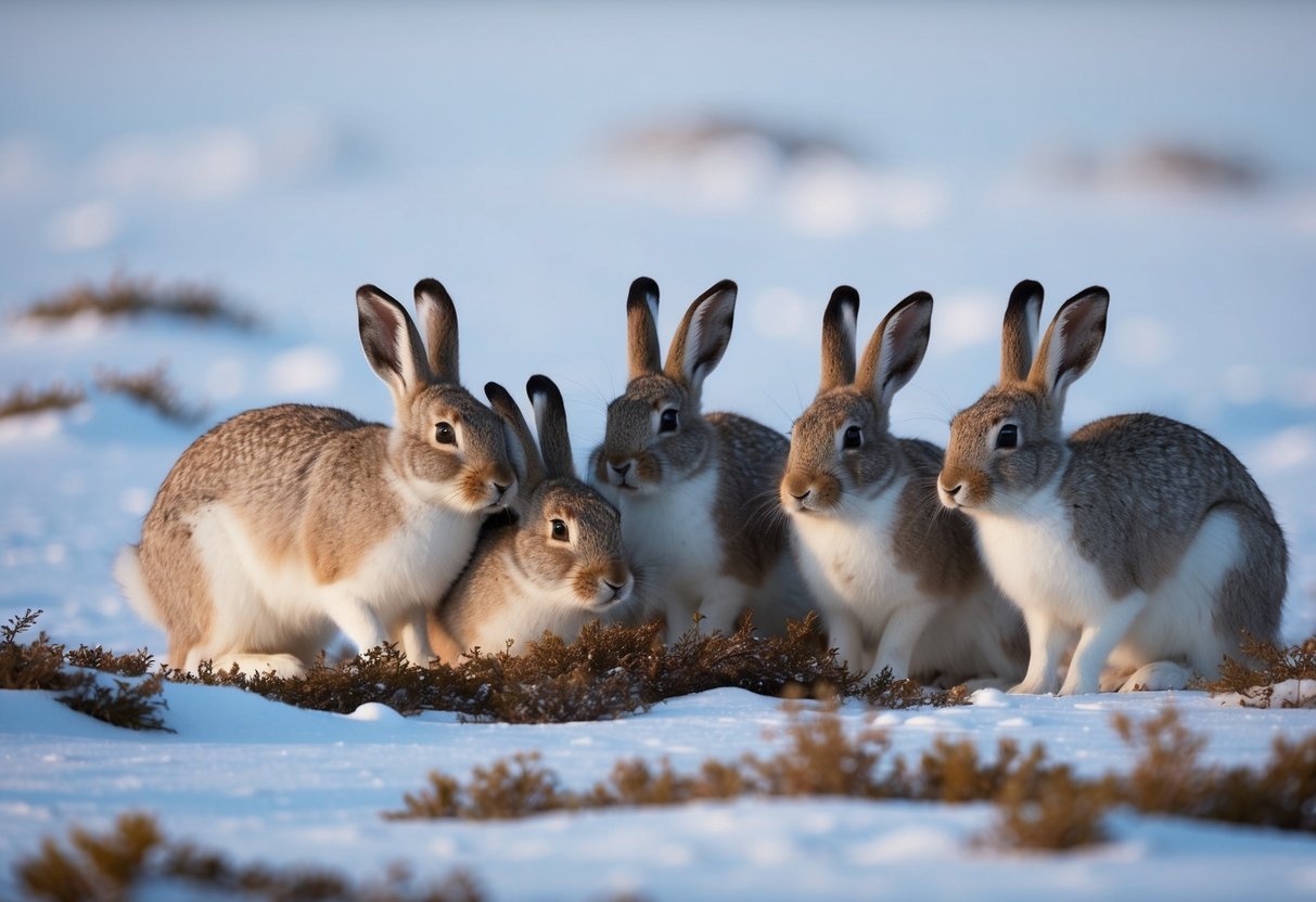 Arctic hares huddle together, nibbling on low-lying vegetation in the snowy tundra. Some are feeding while others keep watch for predators