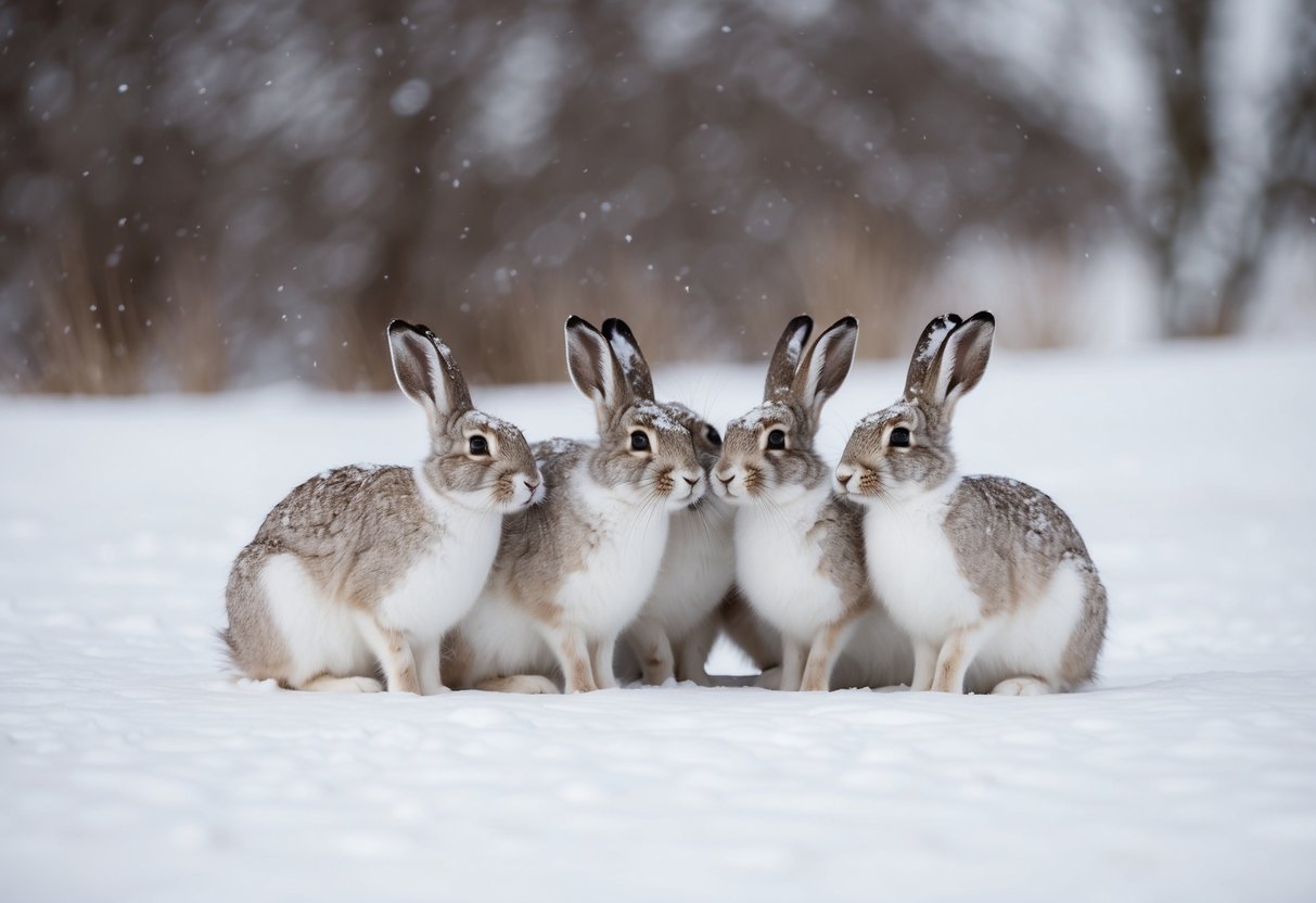 A group of snow hares huddled together in a snowy landscape, their white fur blending in with the surroundings