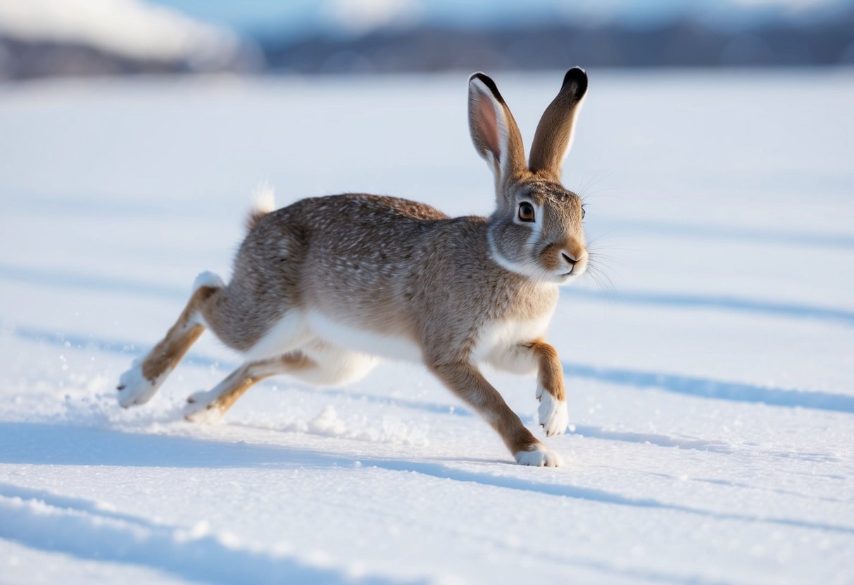 An arctic hare sprints across the snow-covered tundra, its long legs propelling it forward with incredible speed