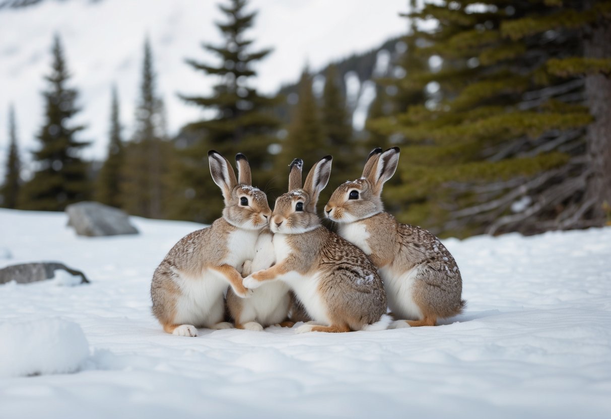A group of snow hares huddled together in a snowy, mountainous habitat, surrounded by pine trees and patches of white snow