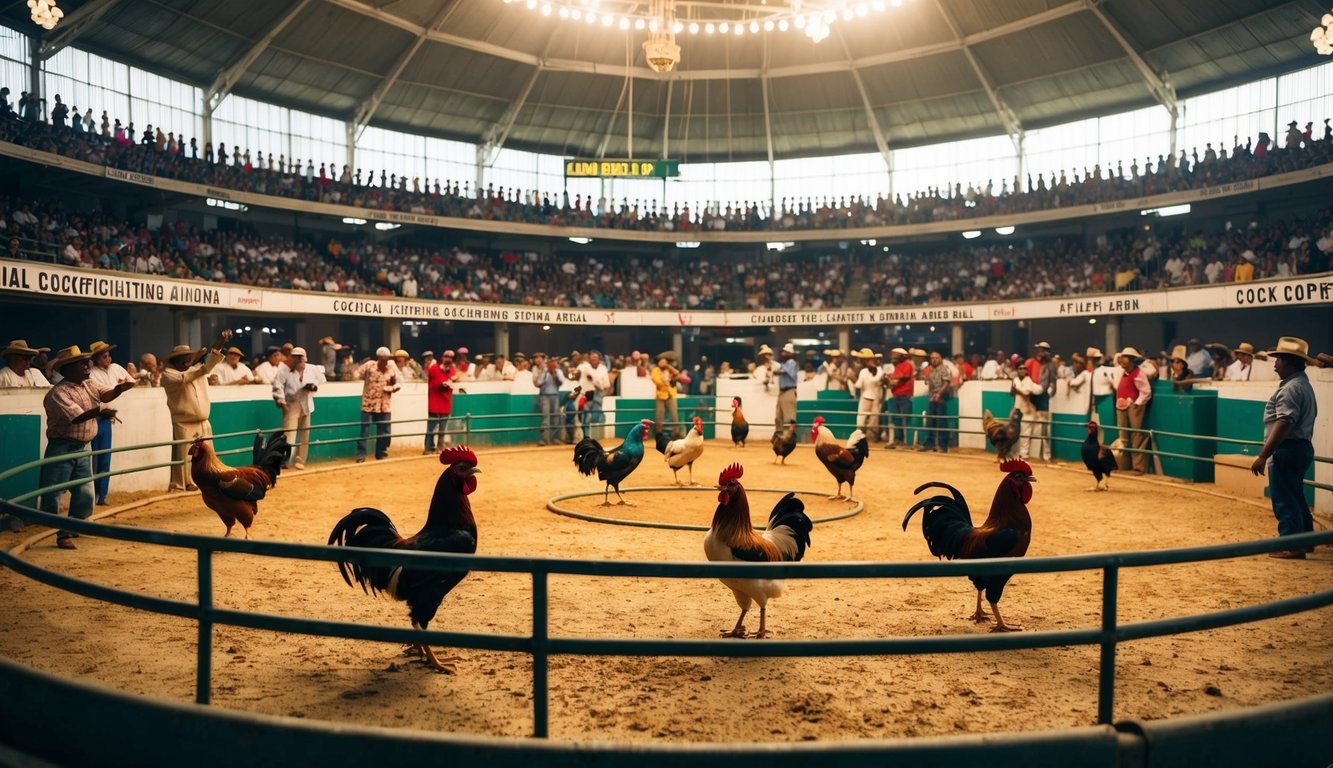 Sebuah arena sabung ayam resmi yang ramai dengan penonton yang bersorak dan ayam jantan berwarna-warni di tengah ring